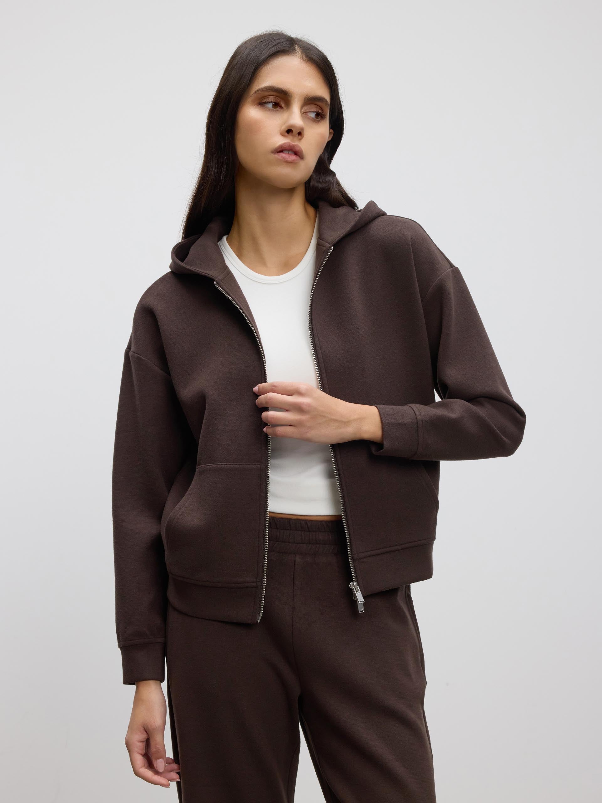 Womens Knitted Relaxed Zip Hoodie in Brown