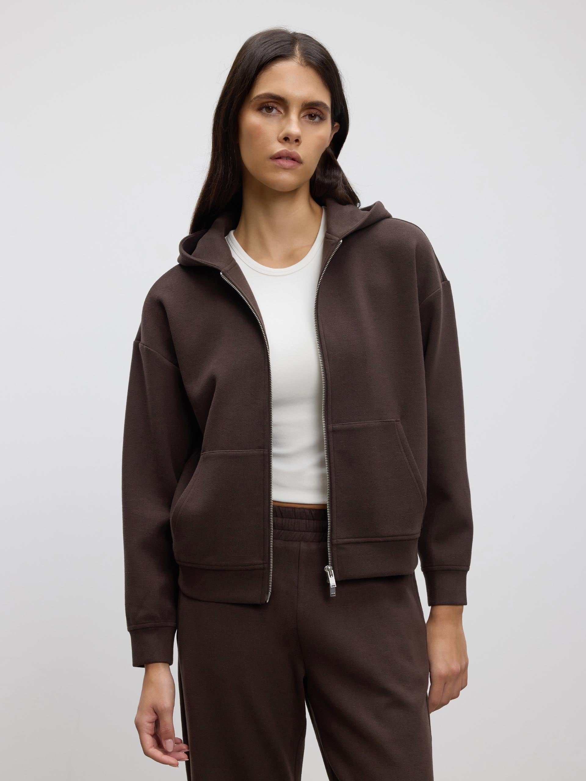Womens Knitted Relaxed Zip Hoodie in Brown