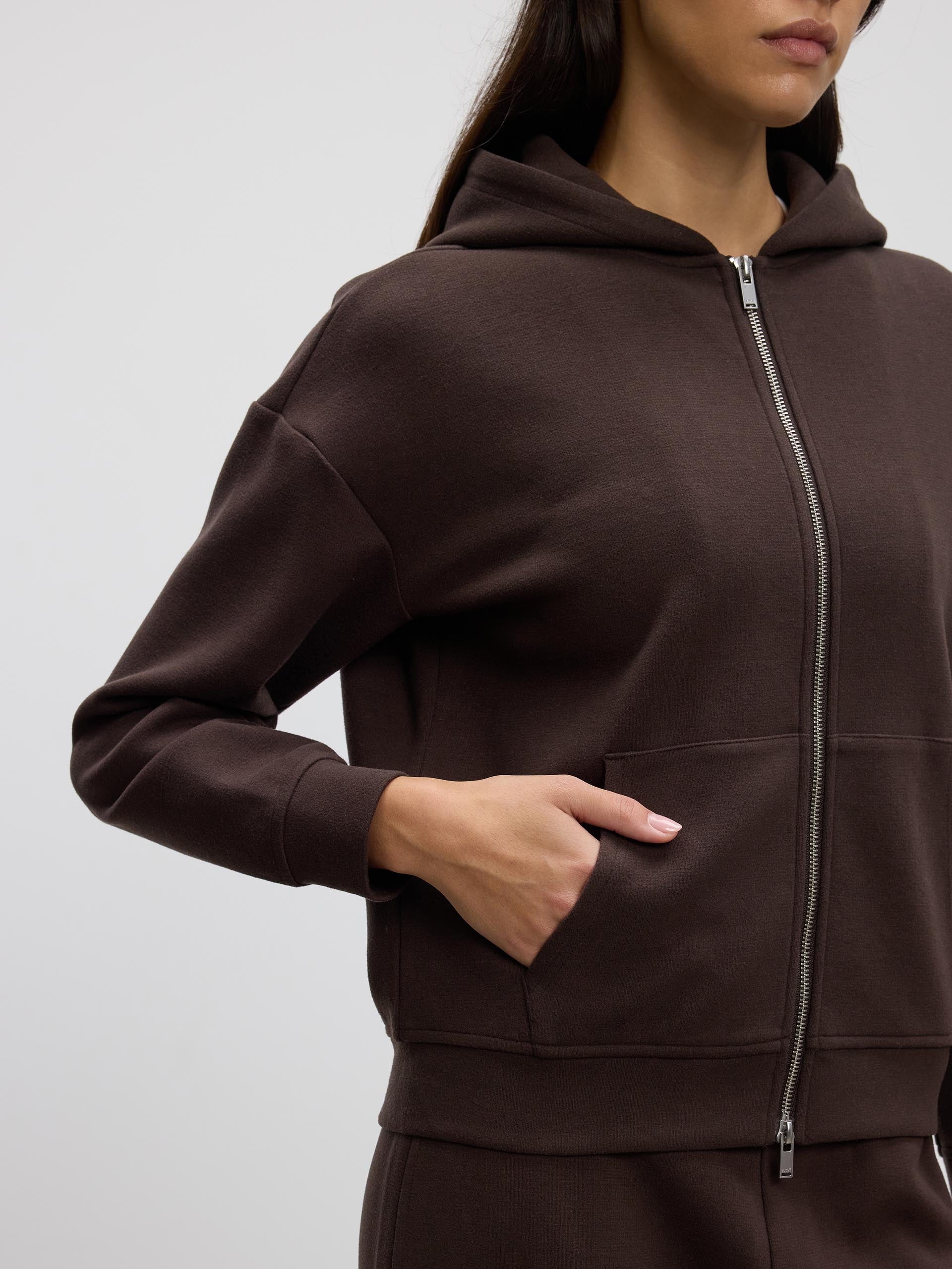 Womens Knitted Relaxed Zip Hoodie in Brown
