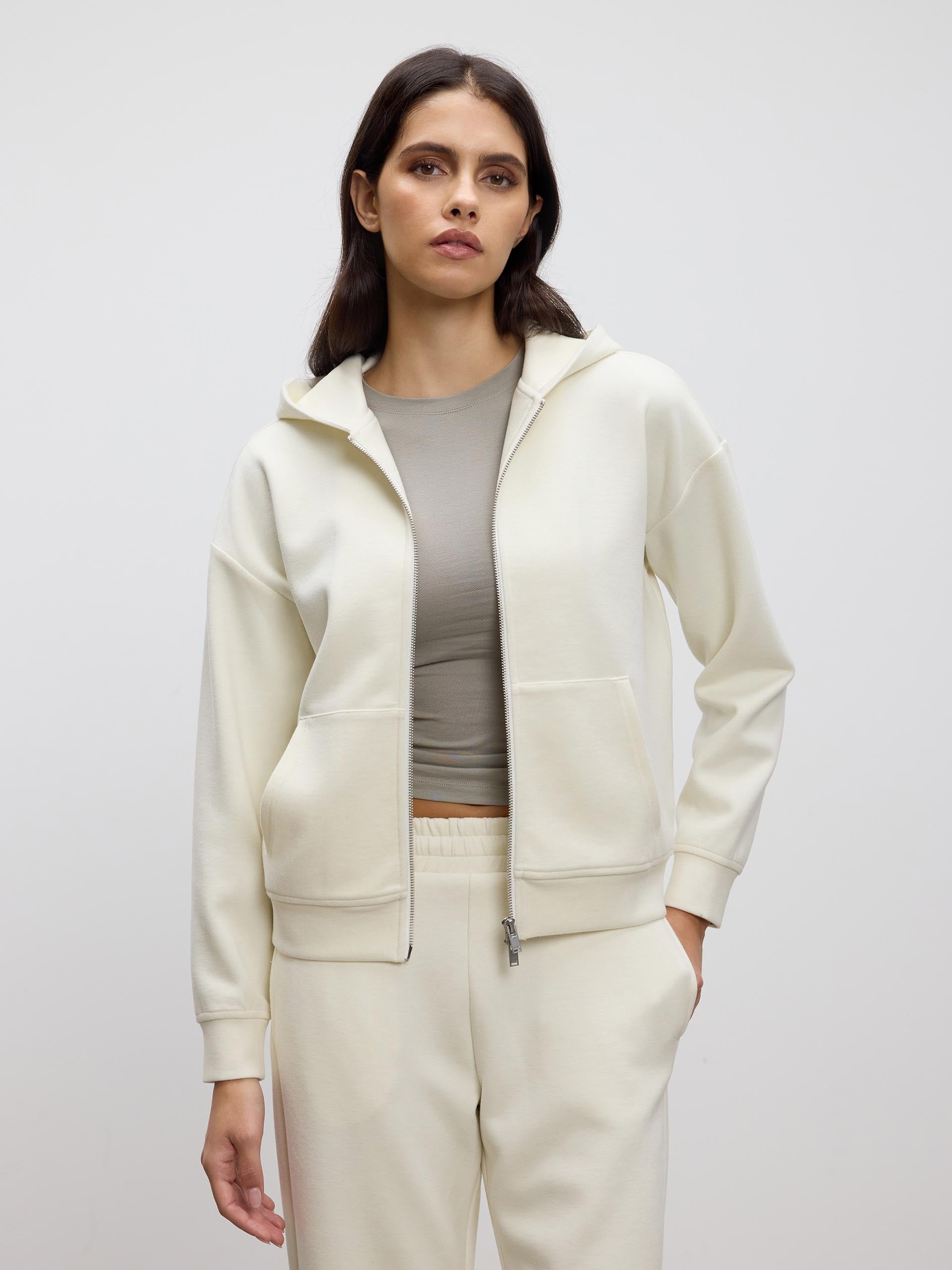 Womens Knitted Relaxed Zip Hoodie in Ecru