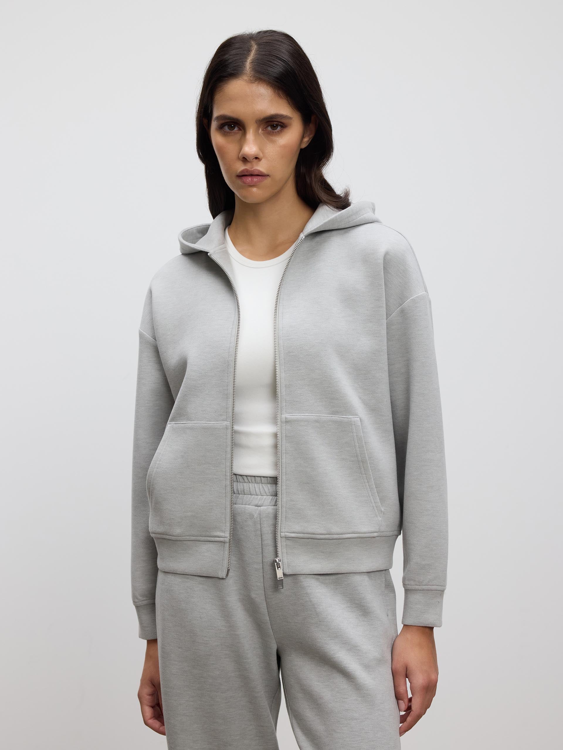 Womens Knitted Relaxed Zip Hoodie in Marl Grey