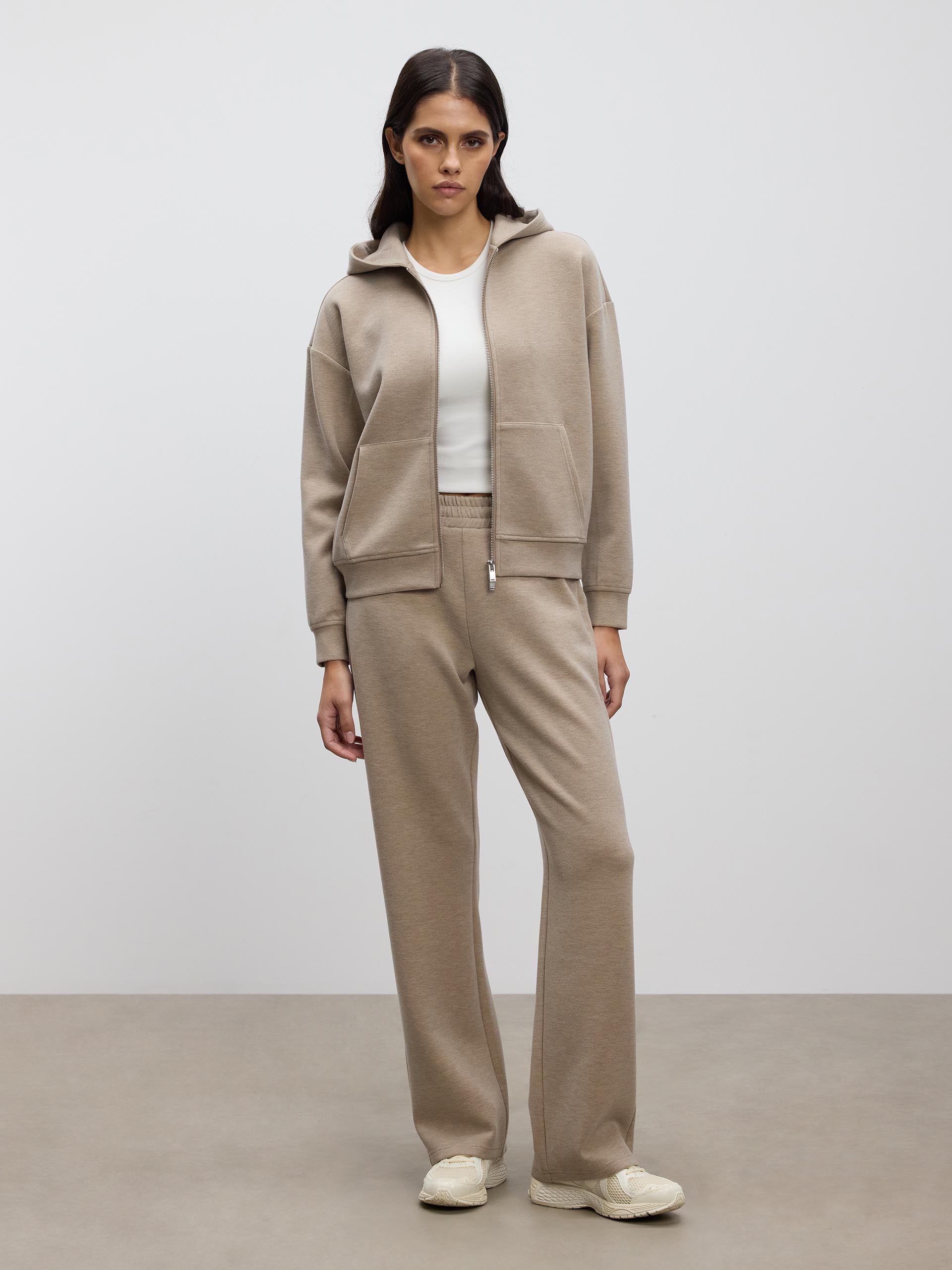 Womens Knitted Relaxed Zip Hoodie in Stone