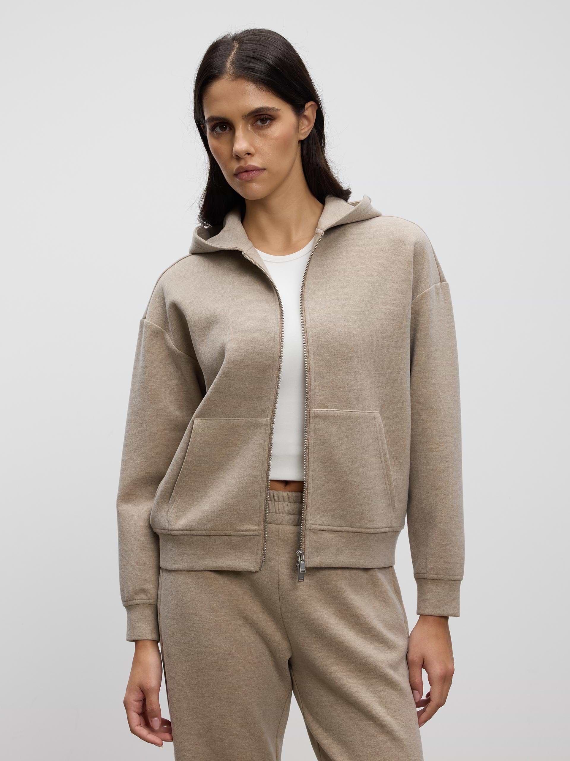 Womens Knitted Relaxed Zip Hoodie in Stone