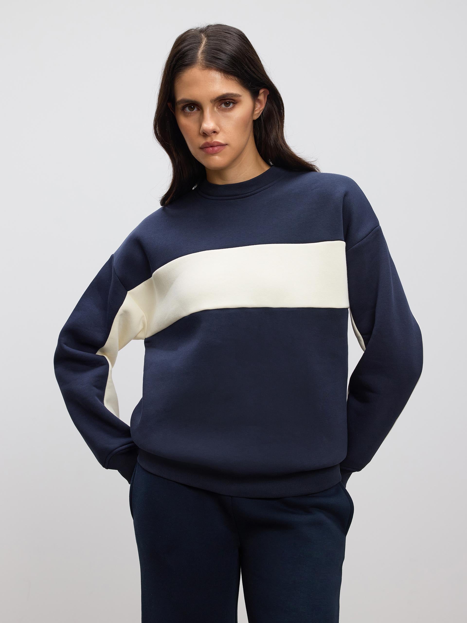 Womens Neoprene Colour Block Sweatshirt in Navy Ecru