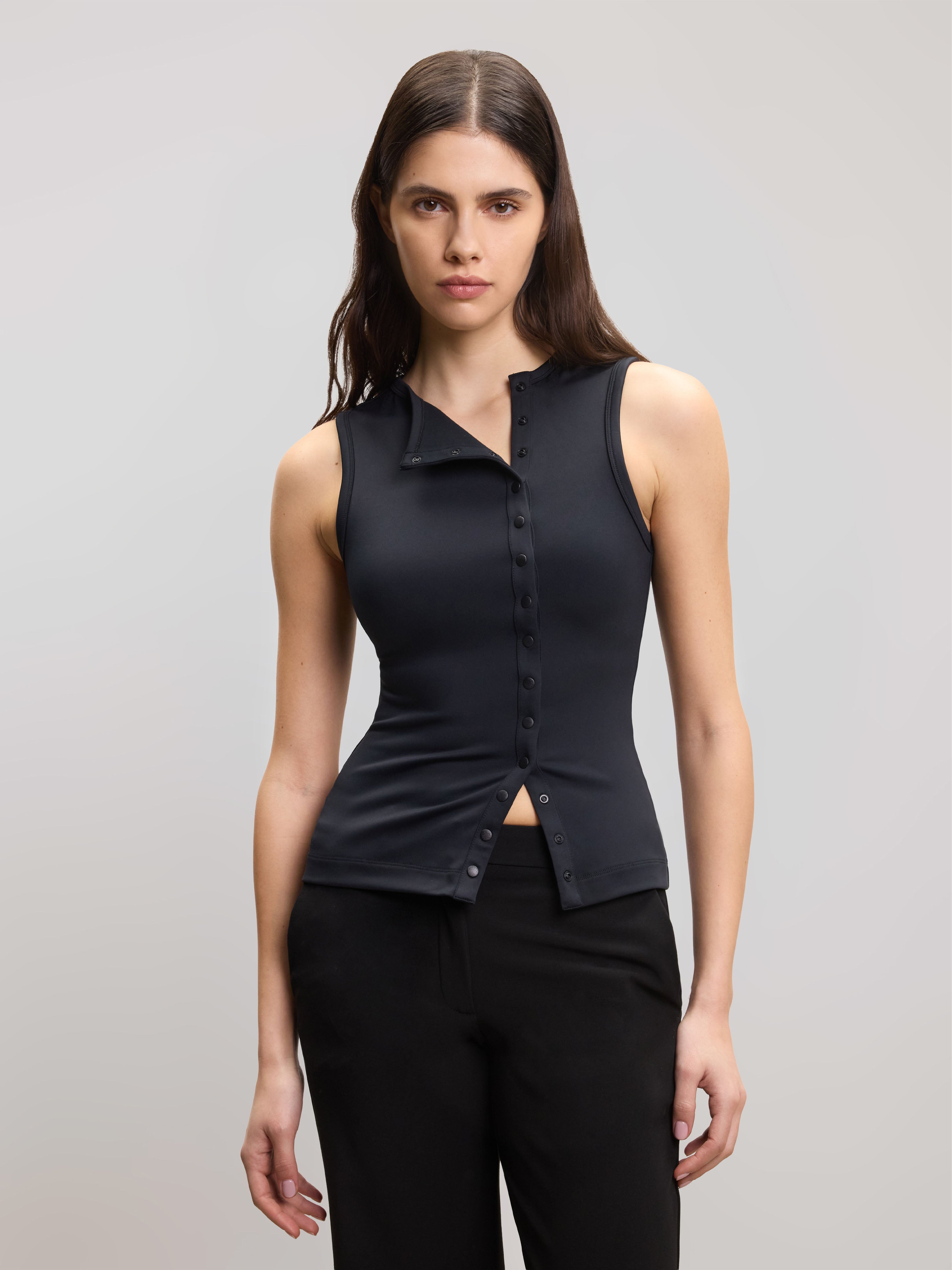 Womens Popper Vest Top in Black