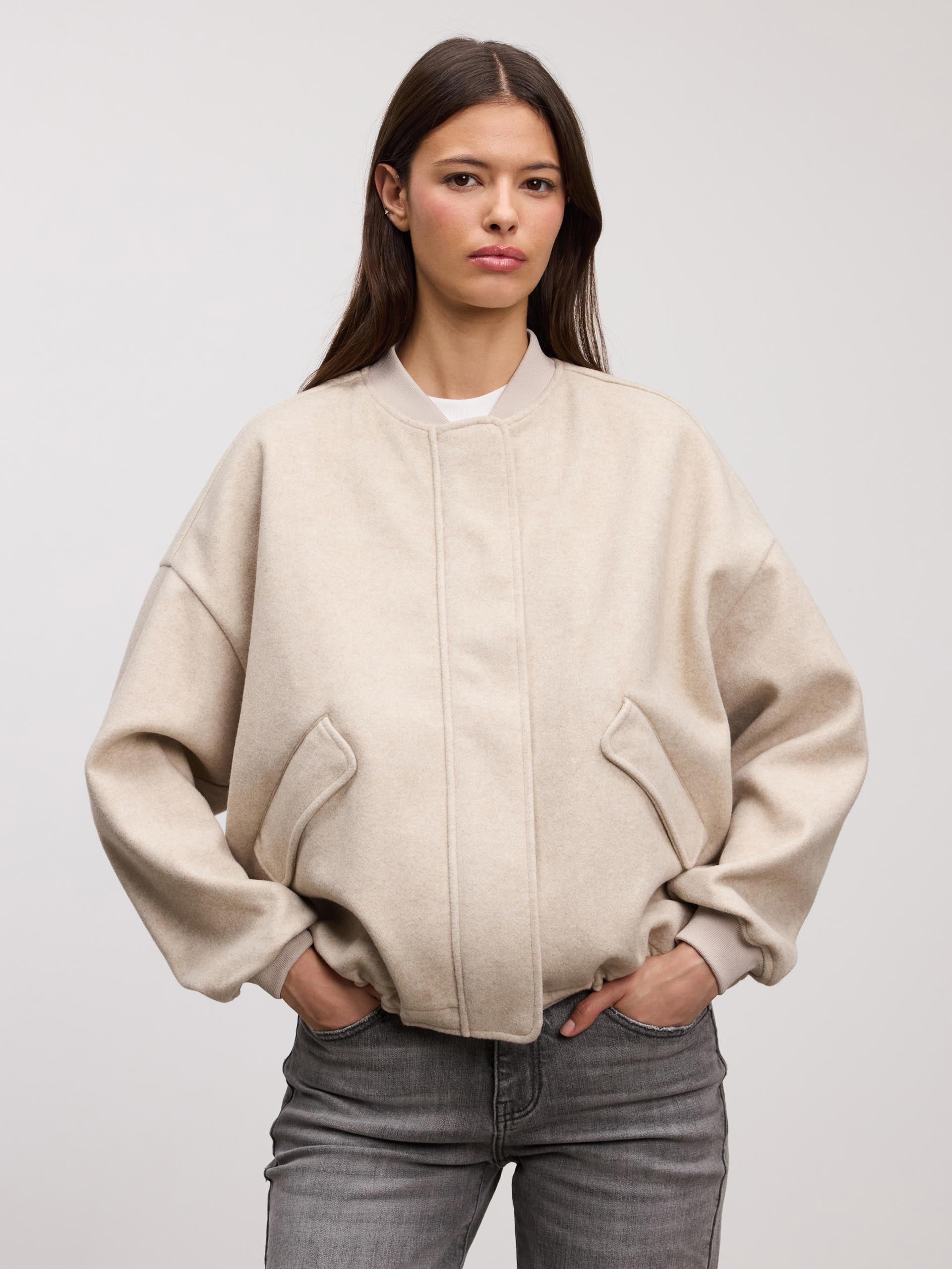 Womens Soft Knitted Bomber Jacket in Stone