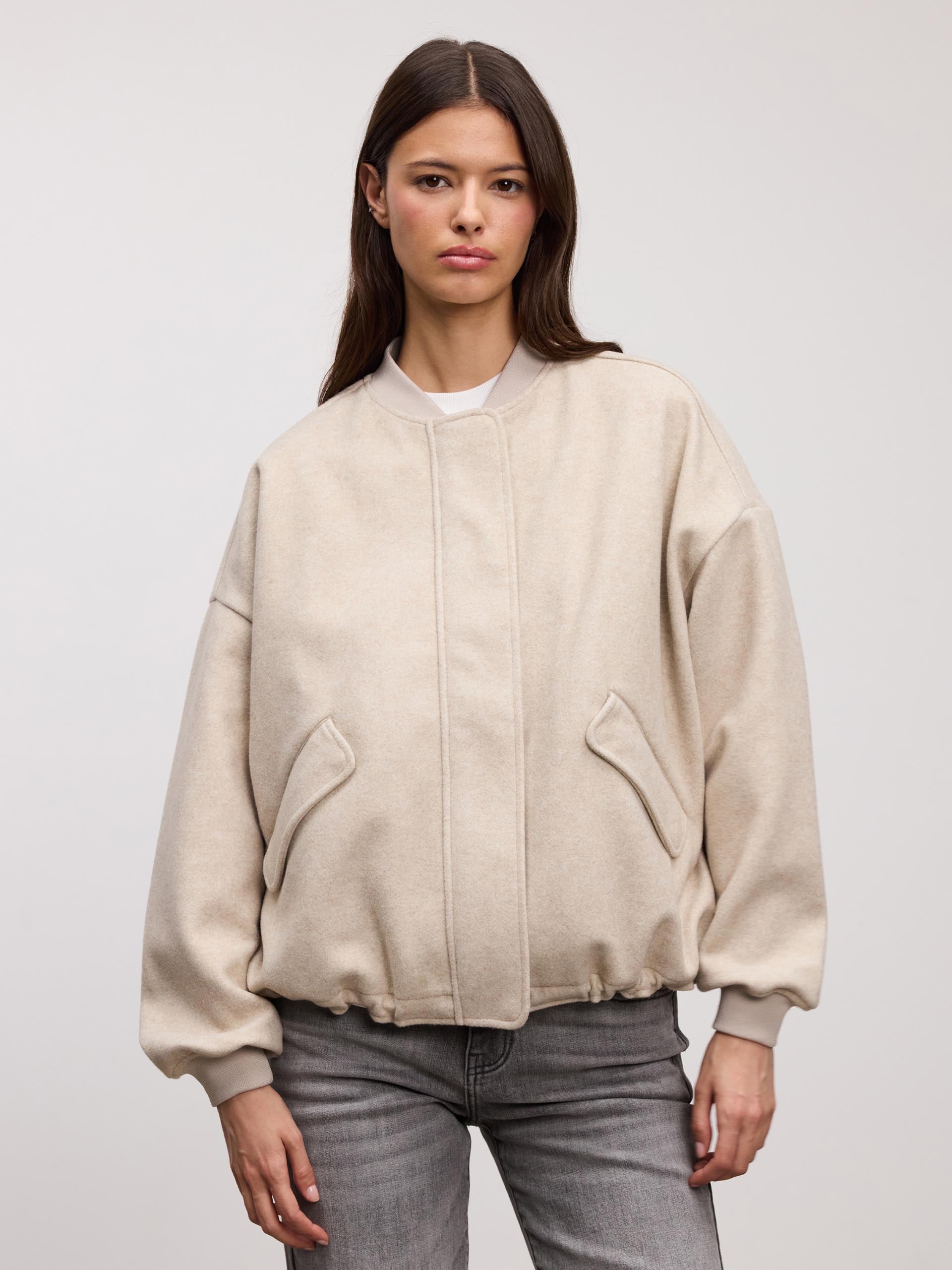 Womens Soft Knitted Bomber Jacket in Stone