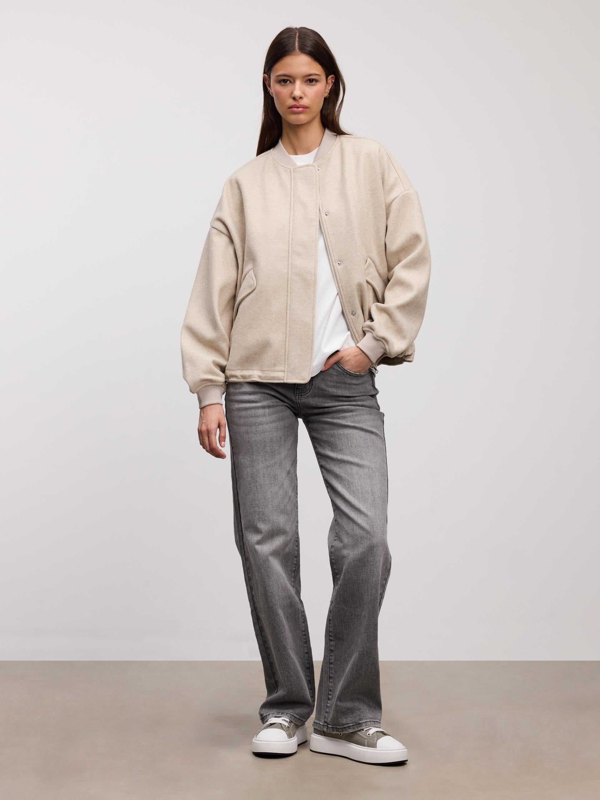 Womens Soft Knitted Bomber Jacket in Stone