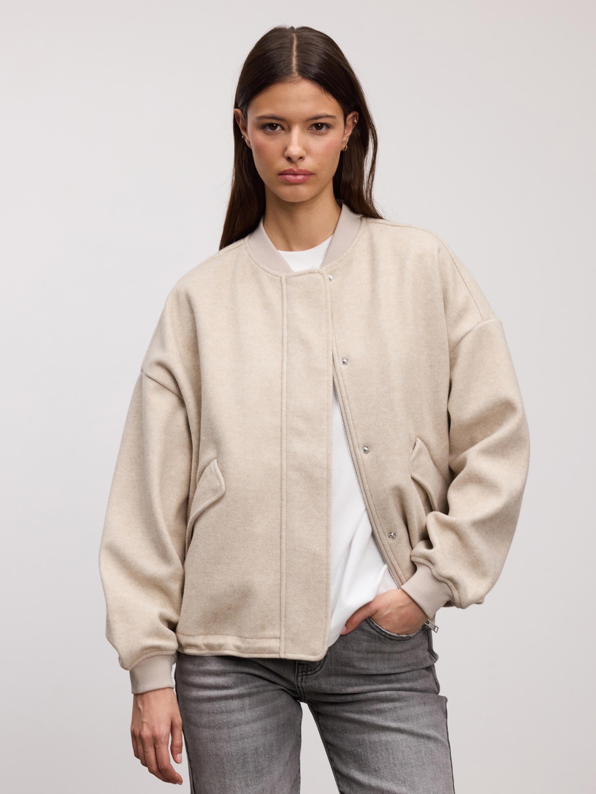 Womens Soft Knitted Bomber Jacket in Stone