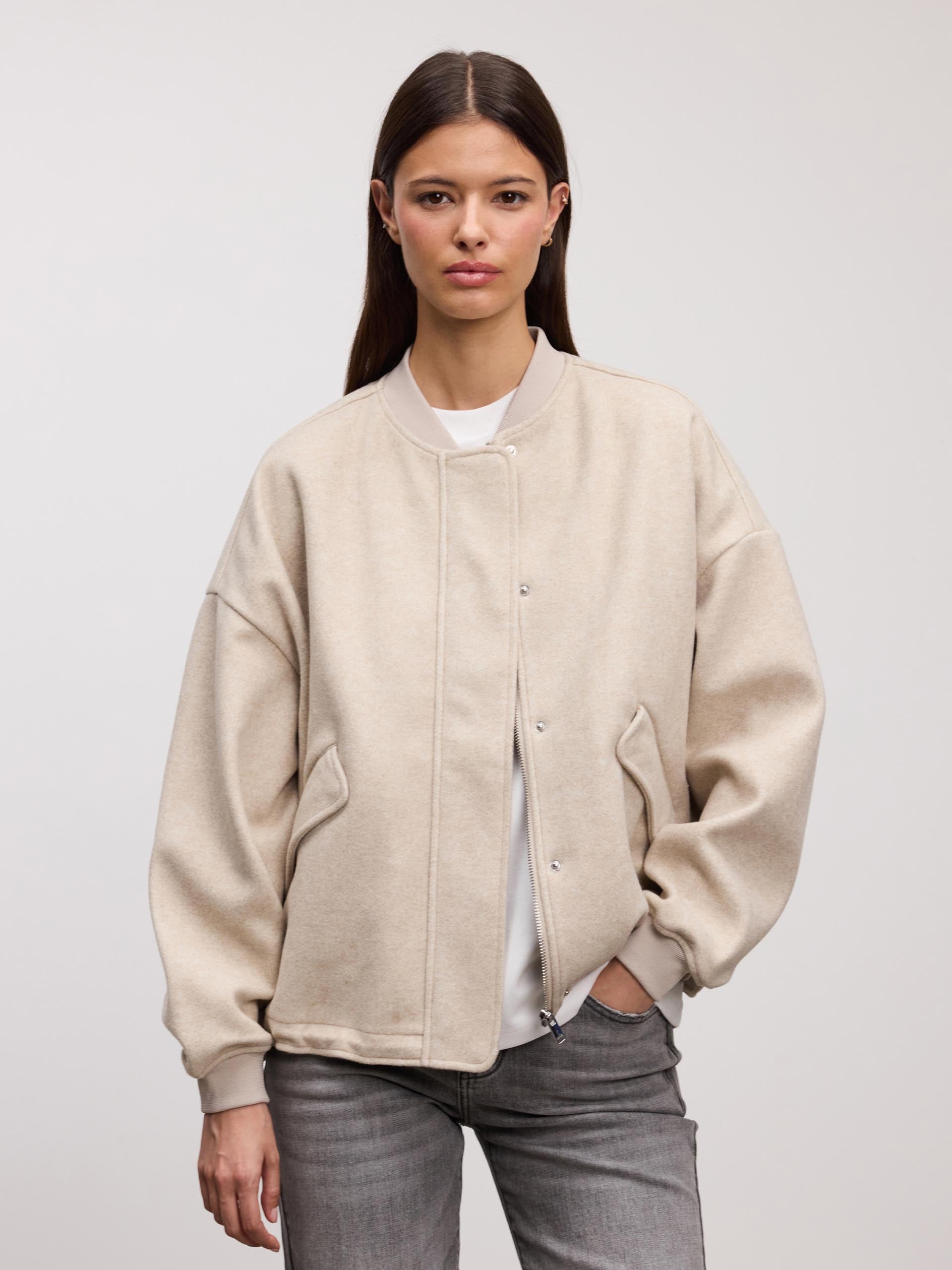 Womens Soft Knitted Bomber Jacket in Stone