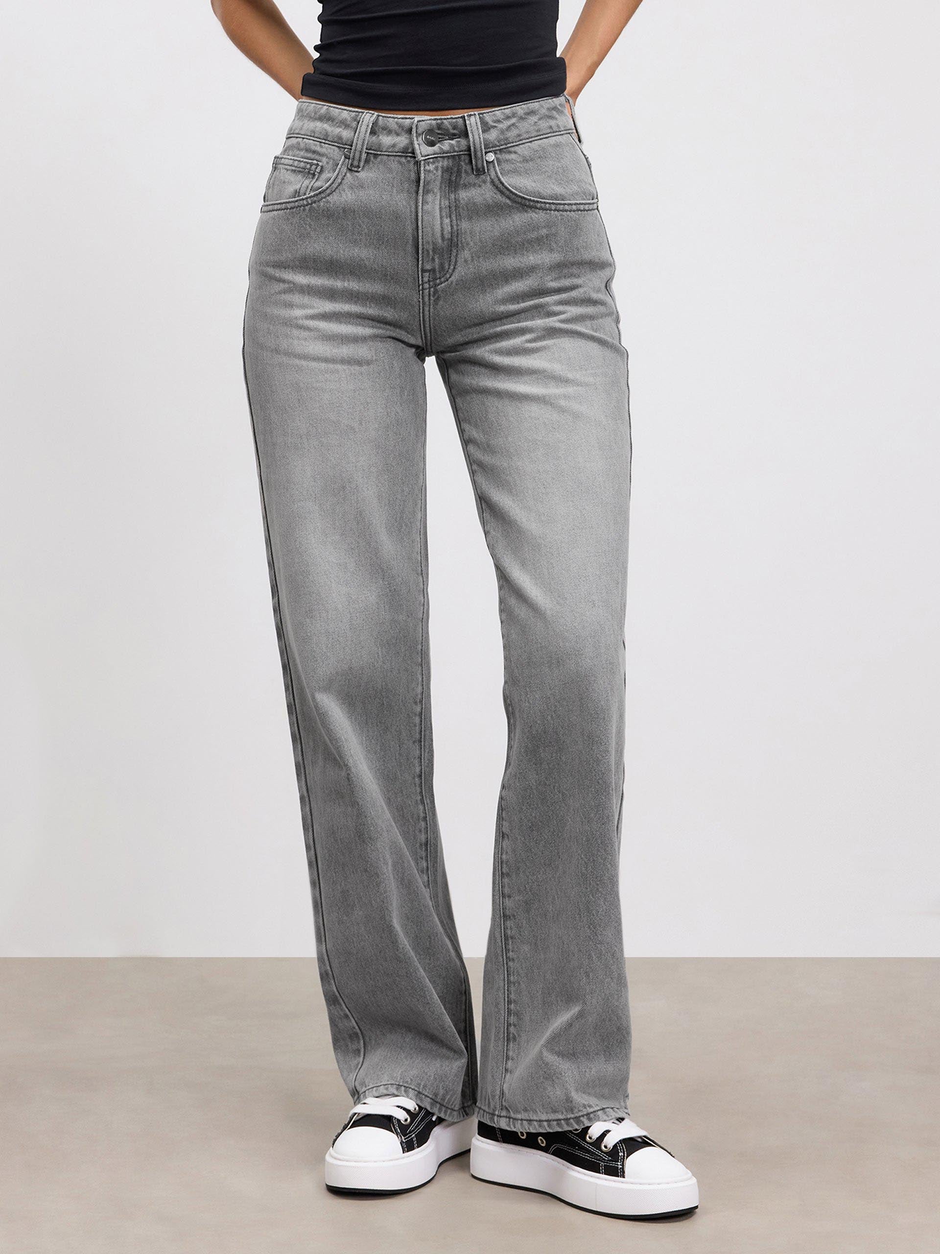 Womens Straight Leg Denim Jeans in Grey Wash