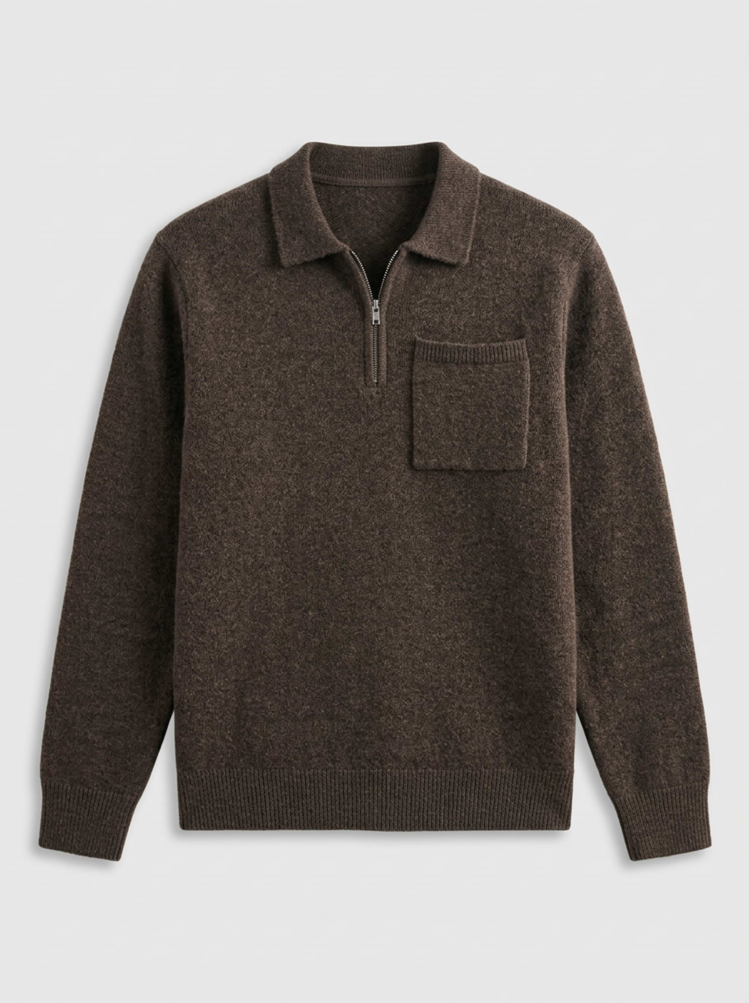 Chunky Wool Zip Polo Shirt in Brown Marl