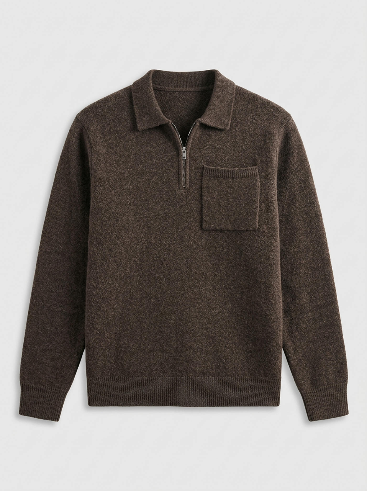 Chunky Wool Zip Polo Shirt in Brown Marl