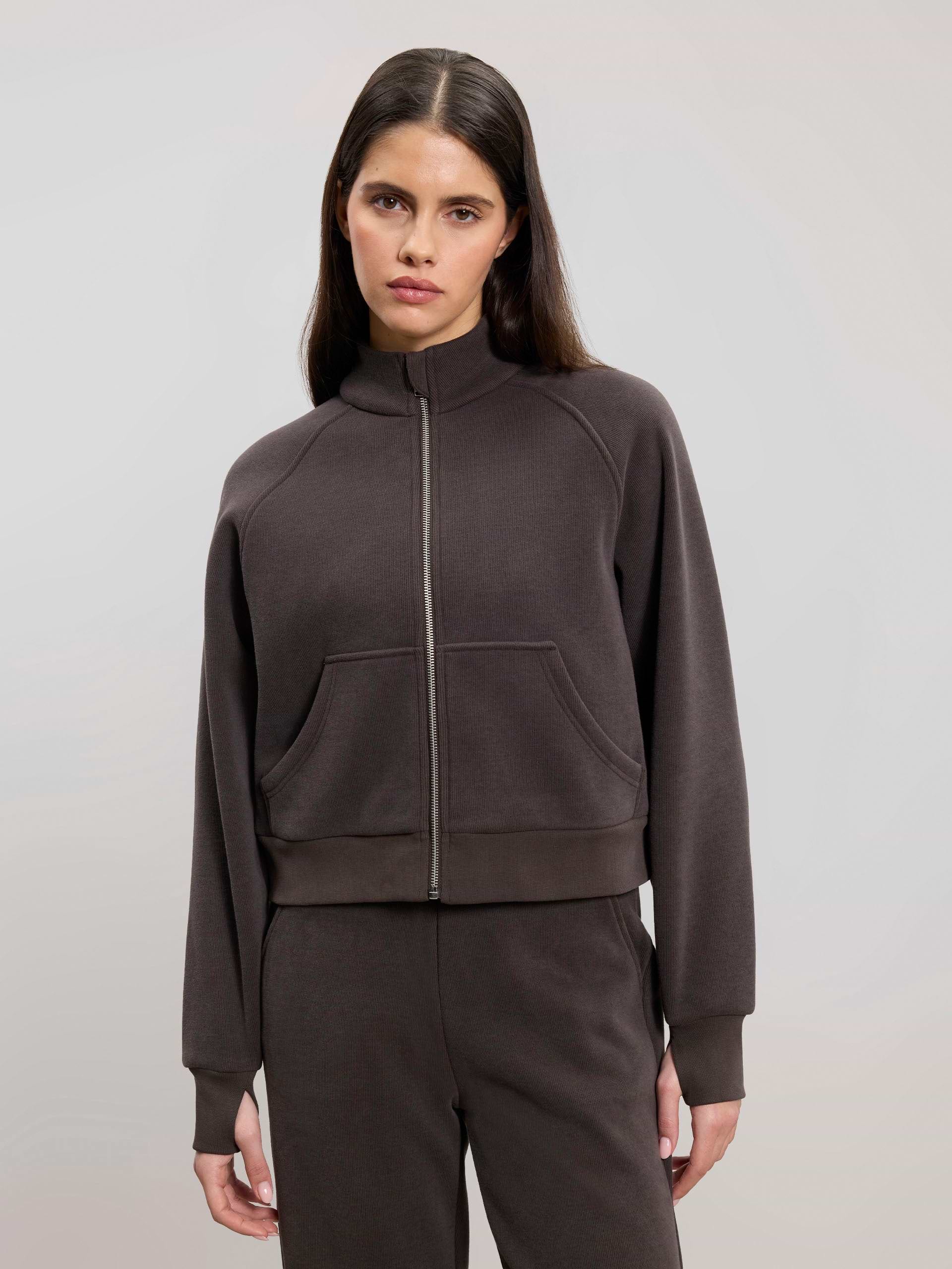 Womens Cosy Fleece Funnel Neck Jacket in Brown