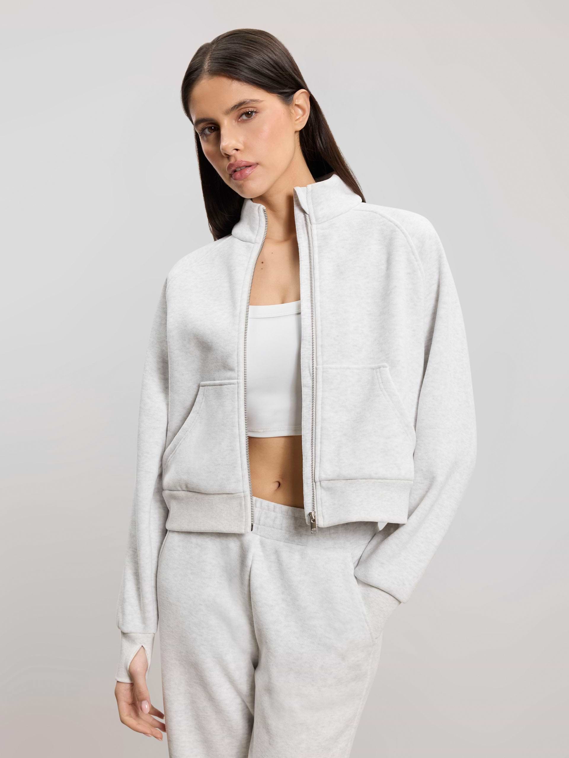 Womens Cosy Fleece Funnel Neck Jacket in Marl Grey