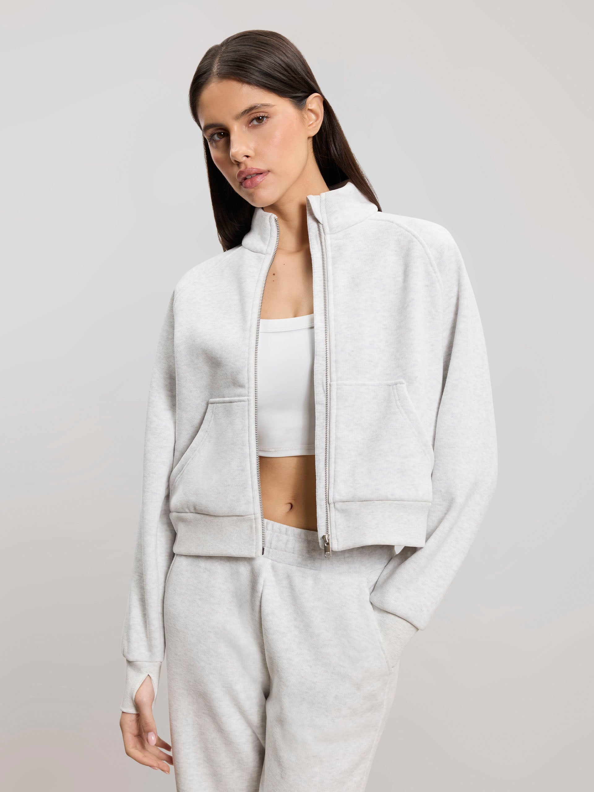 Womens Cosy Fleece Funnel Neck Jacket in Marl Grey