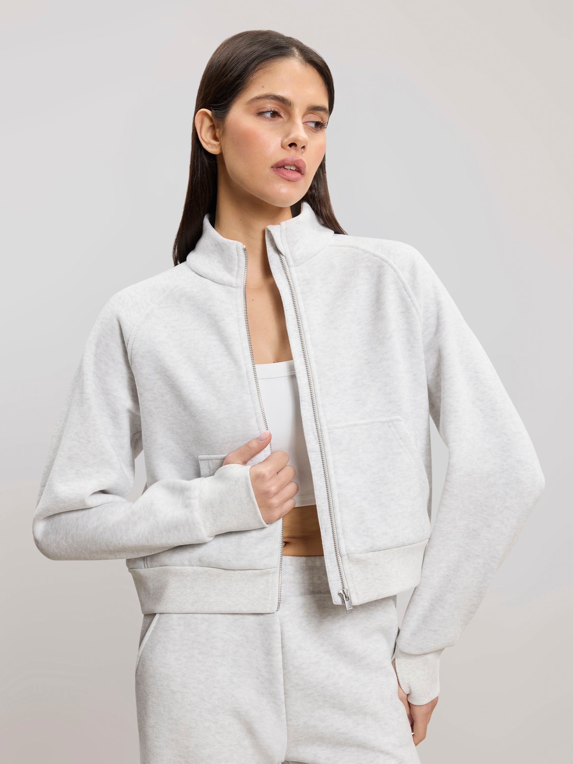 Womens Cosy Fleece Funnel Neck Jacket in Marl Grey
