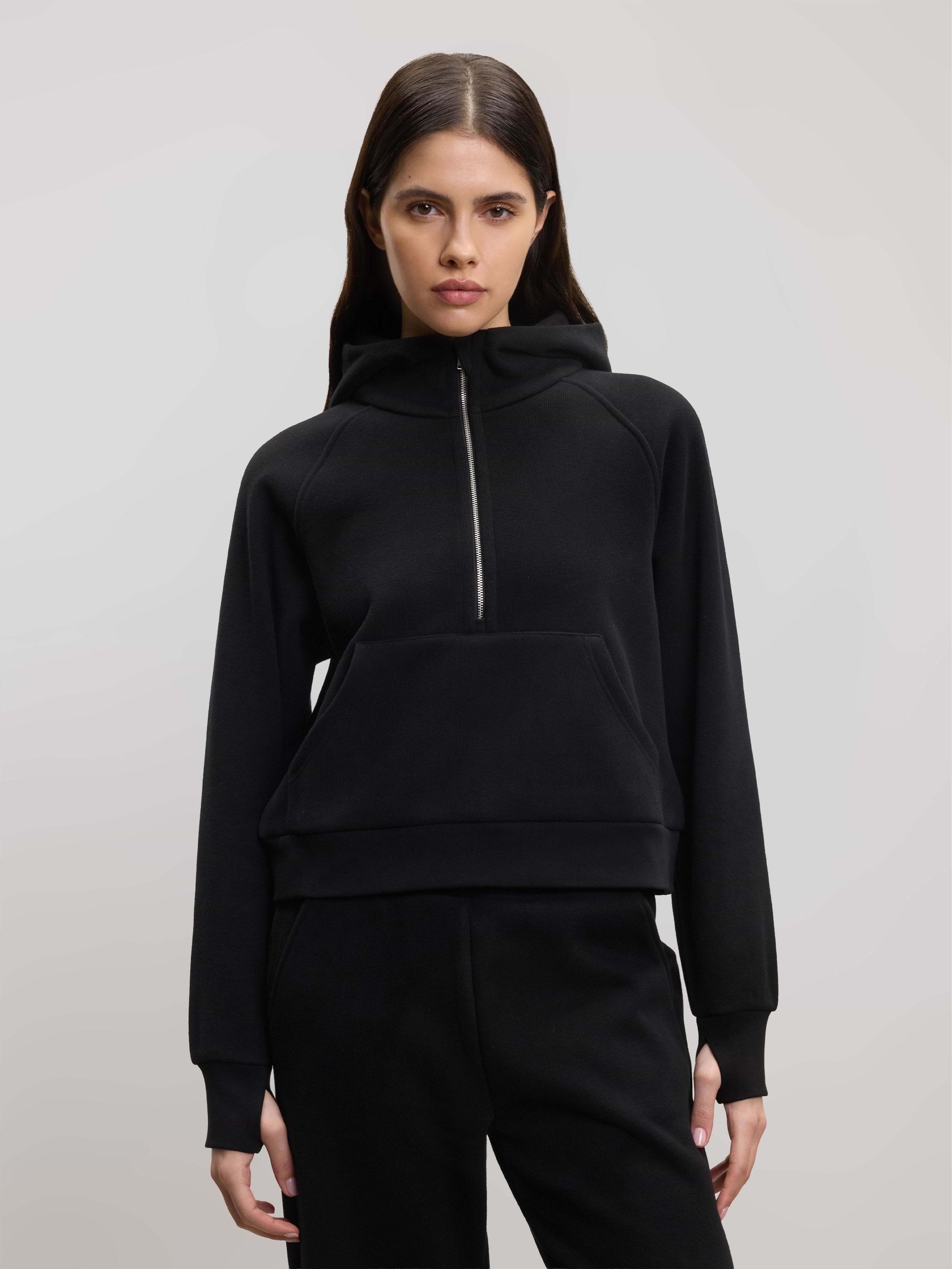 Womens Cosy Fleece Half Zip Hoodie in Black