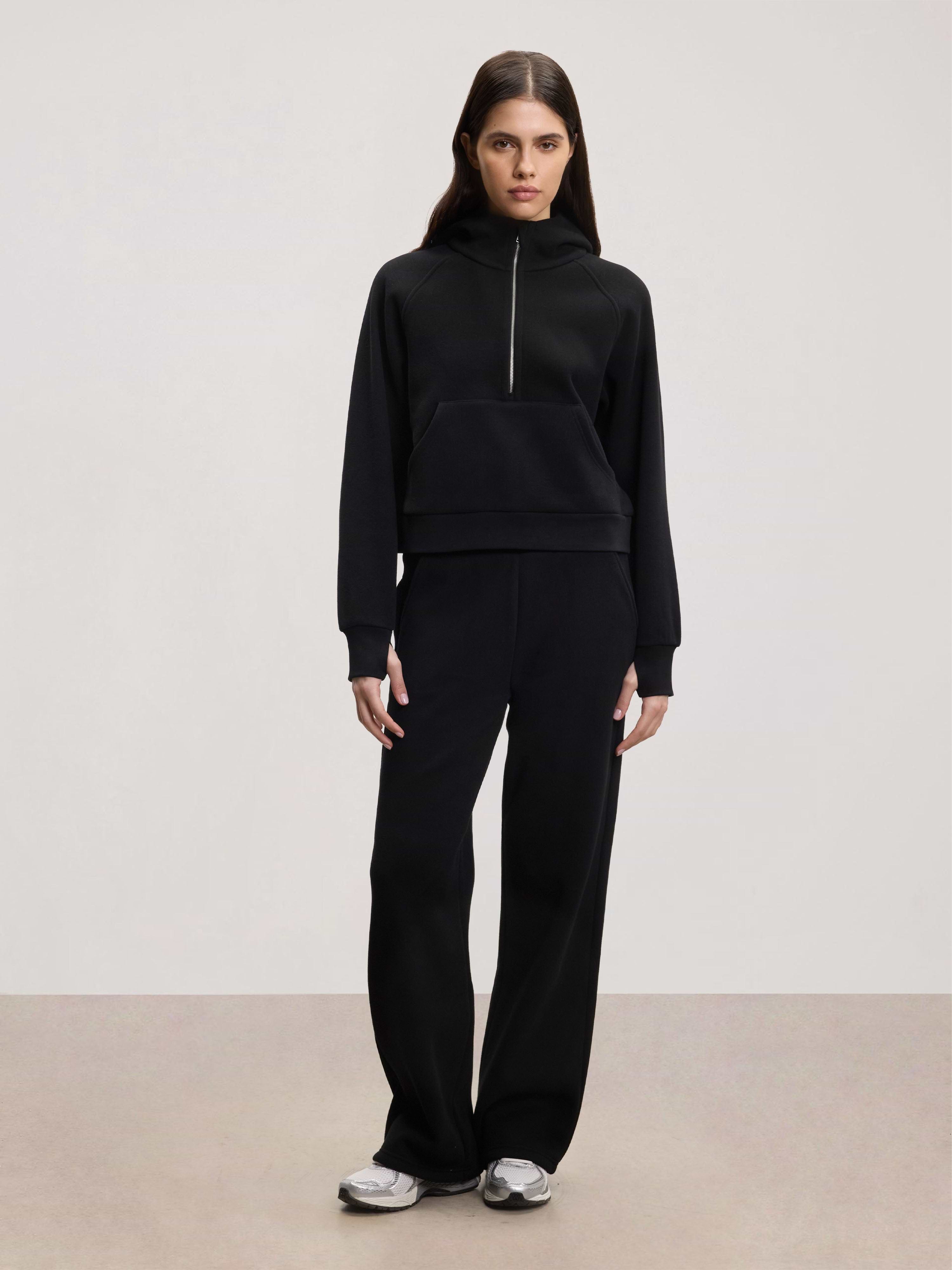 Womens Cosy Fleece Half Zip Hoodie in Black