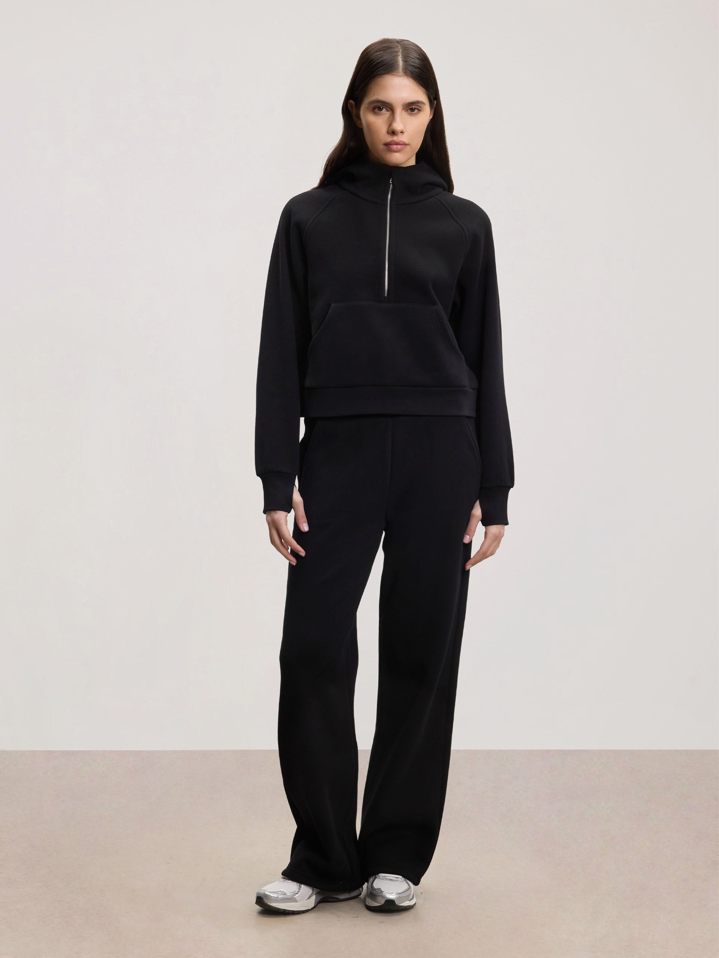 Womens Cosy Fleece Half Zip Hoodie in Black