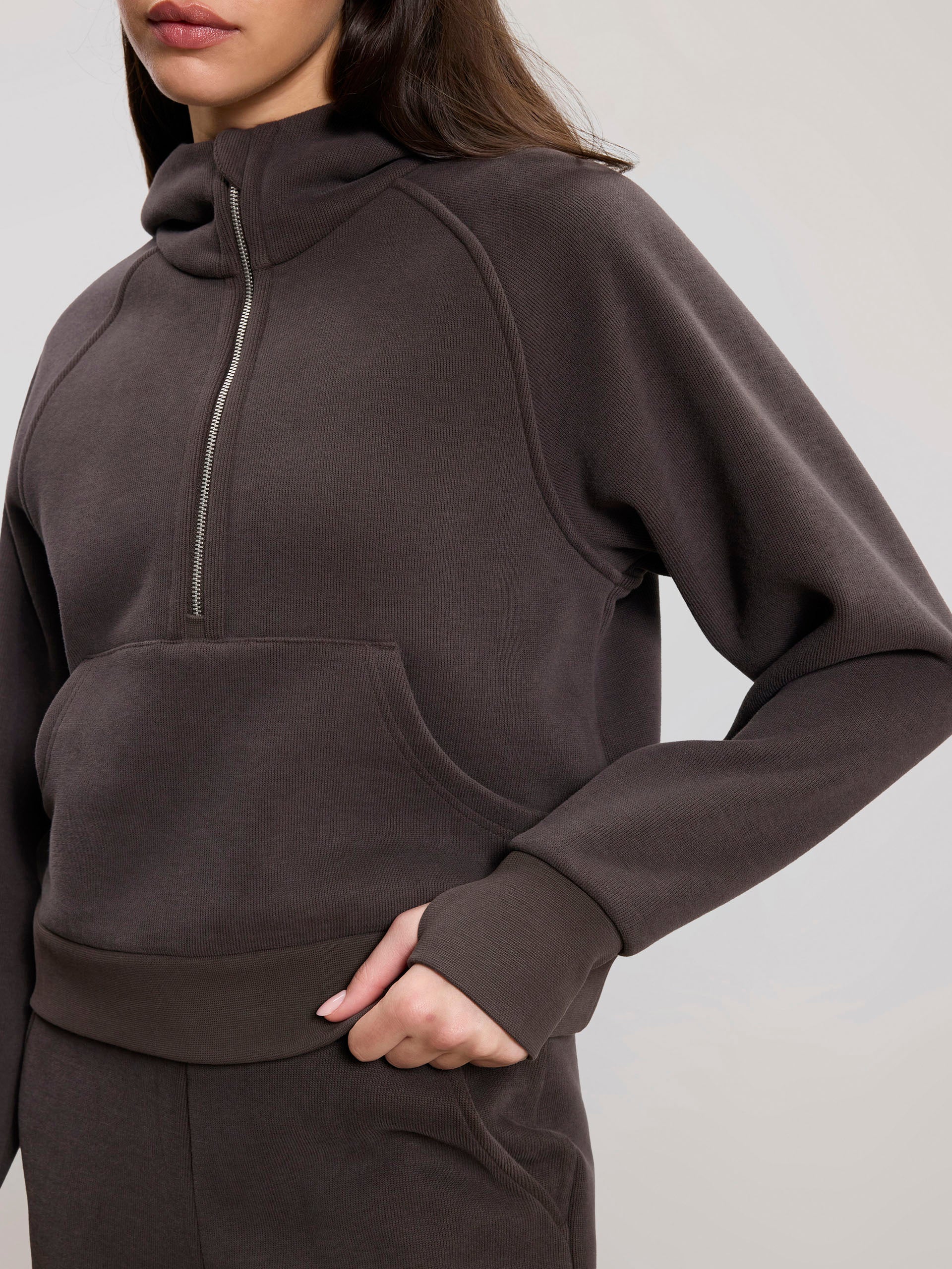 Womens Cosy Fleece Half Zip Hoodie in Brown