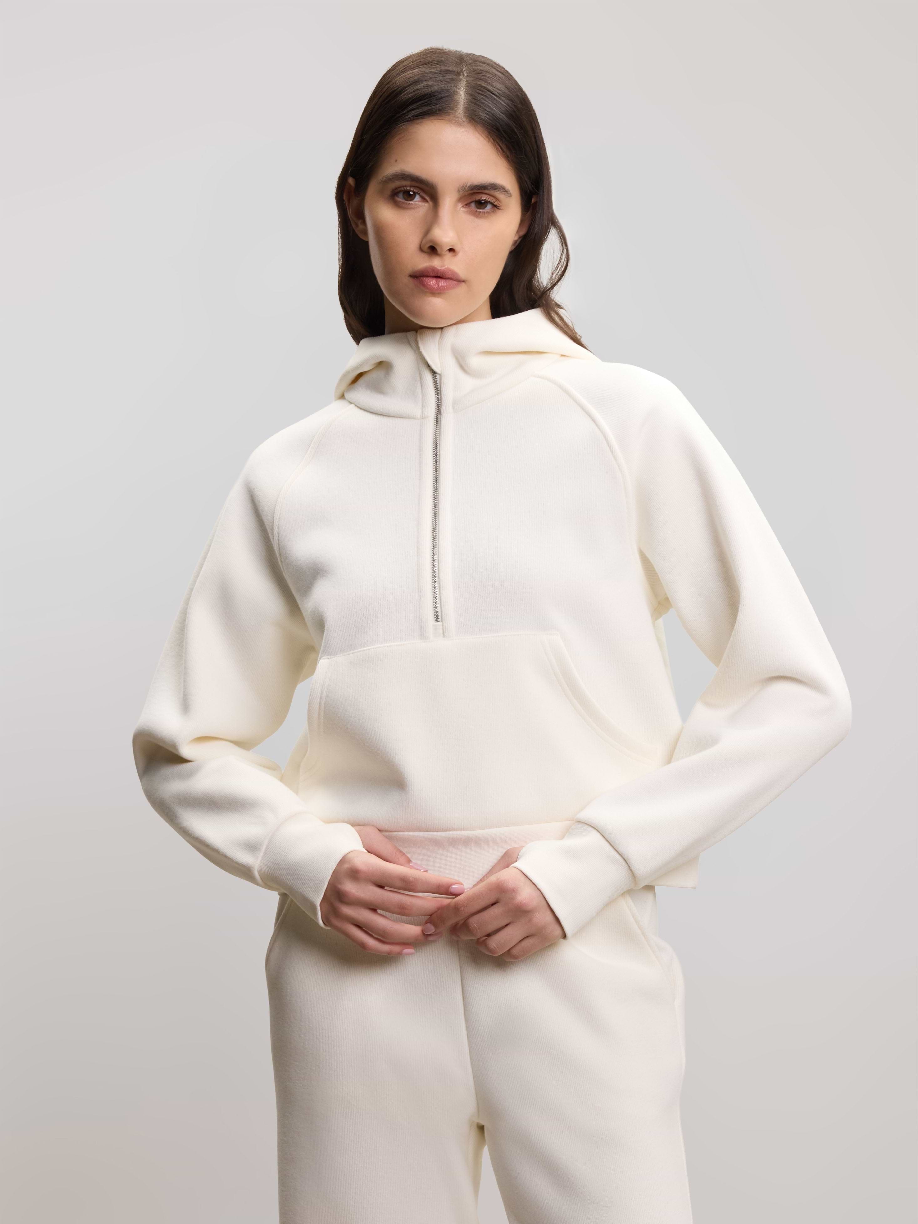 Womens Cosy Fleece Half Zip Hoodie in Ecru