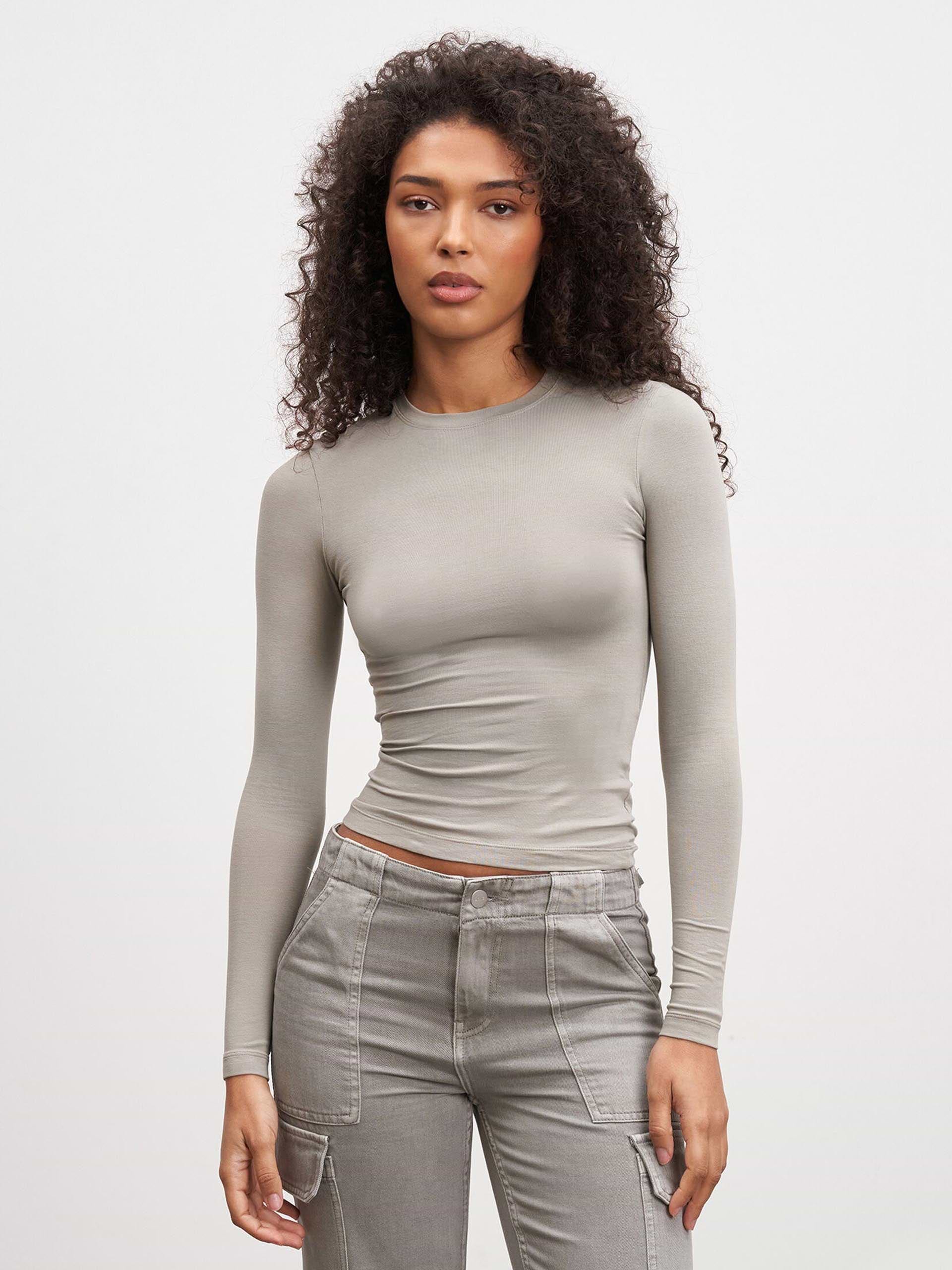 Womens Cotton Jersey Long Sleeve T-Shirt in Stone