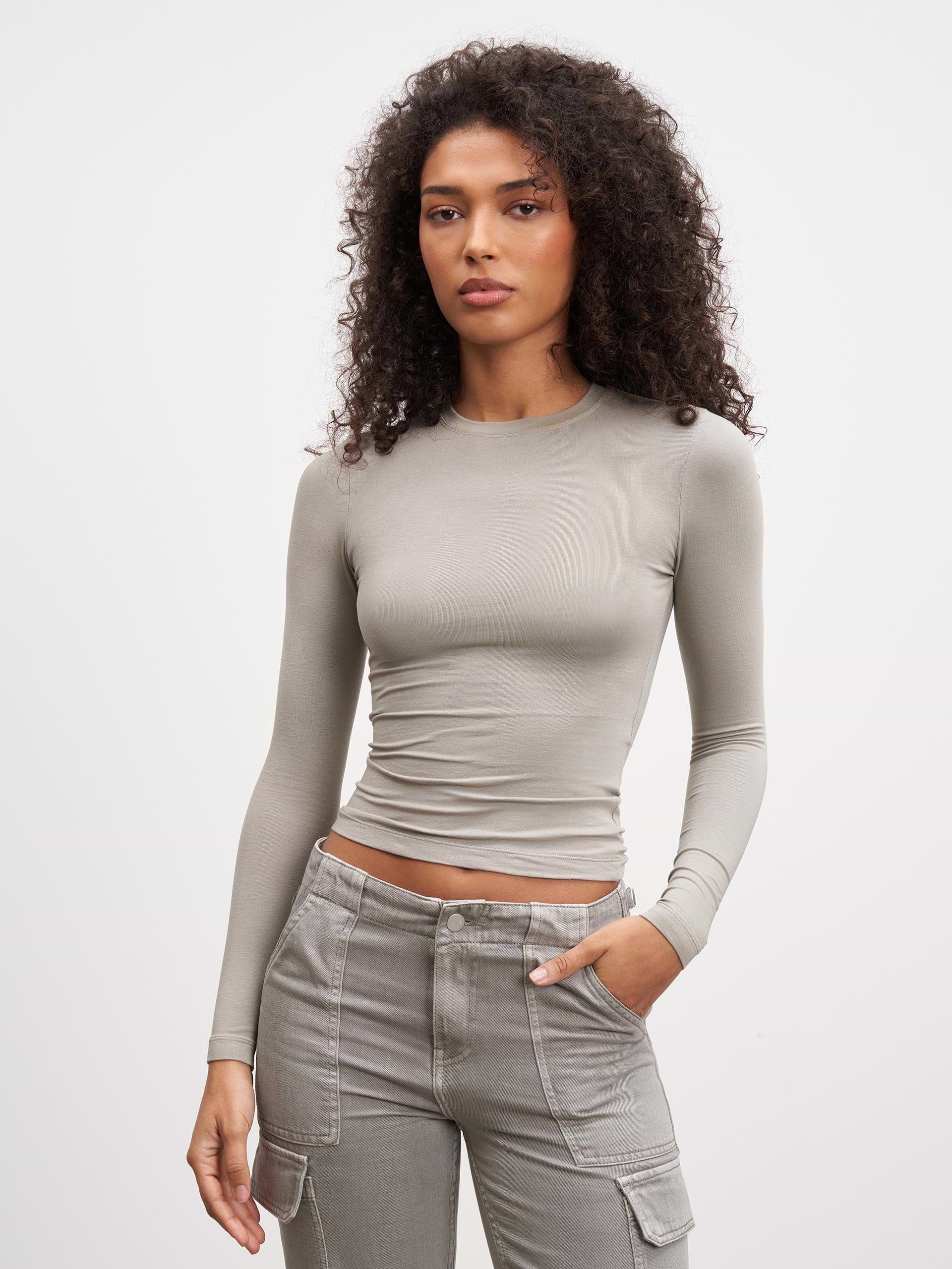 Womens Cotton Jersey Long Sleeve T-Shirt in Stone