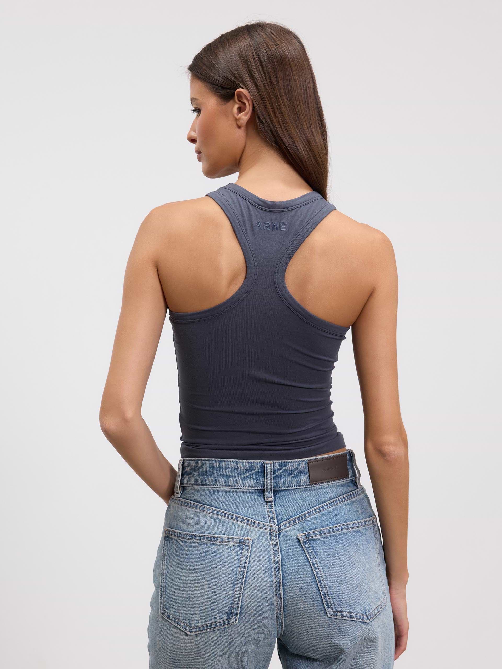 Womens Cotton Jersey Racer Vest in Slate Blue