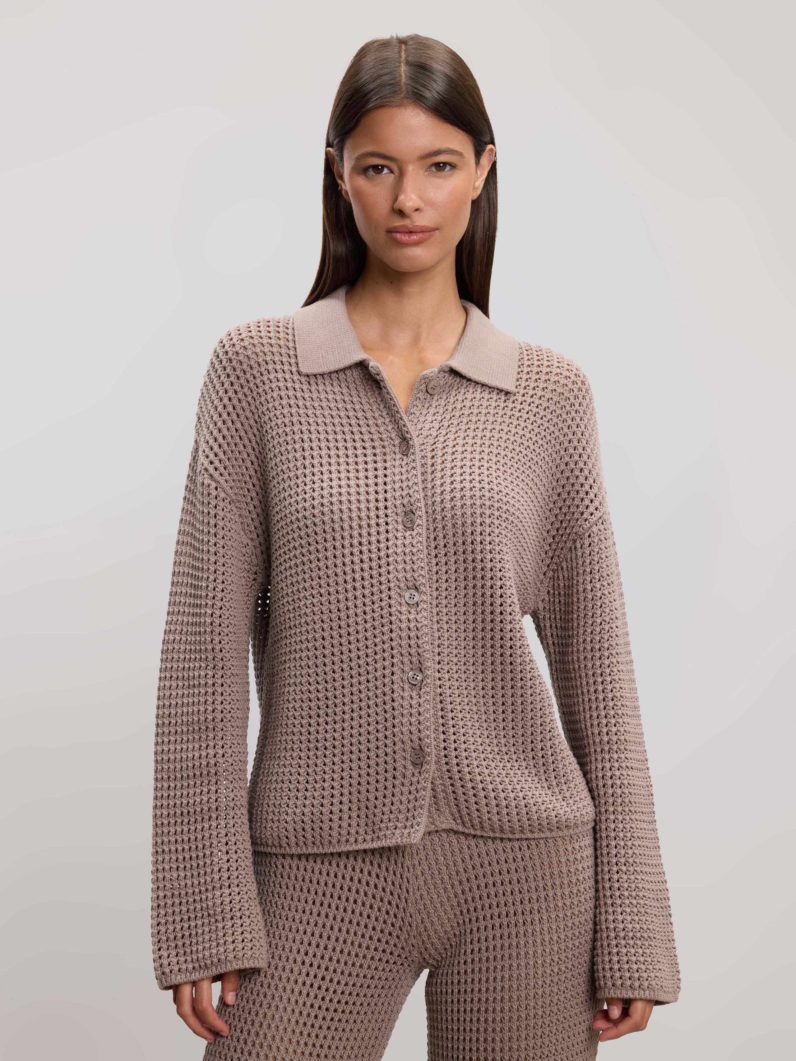 Womens Crochet Shirt in Taupe