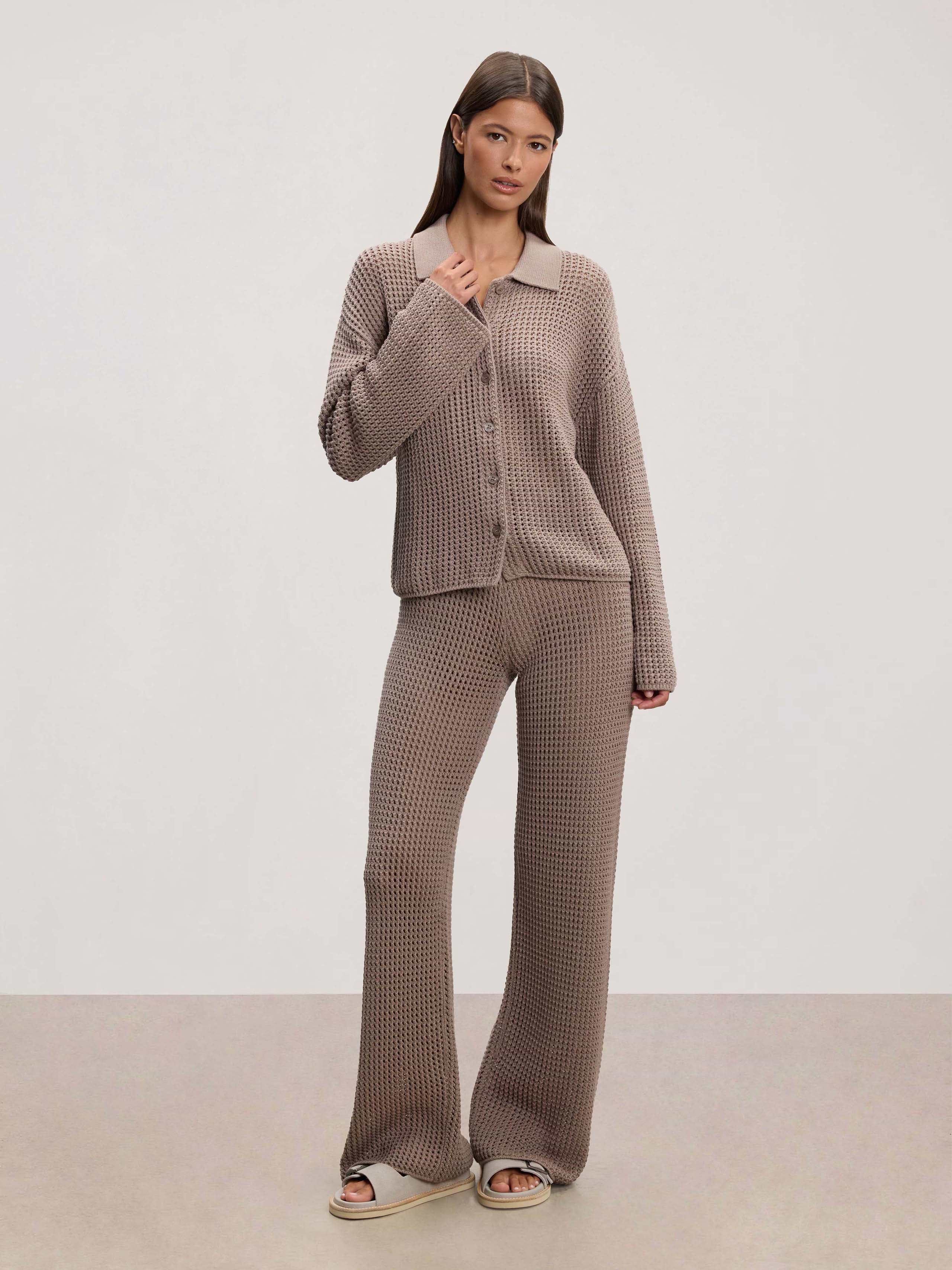 Womens Crochet Shirt in Taupe