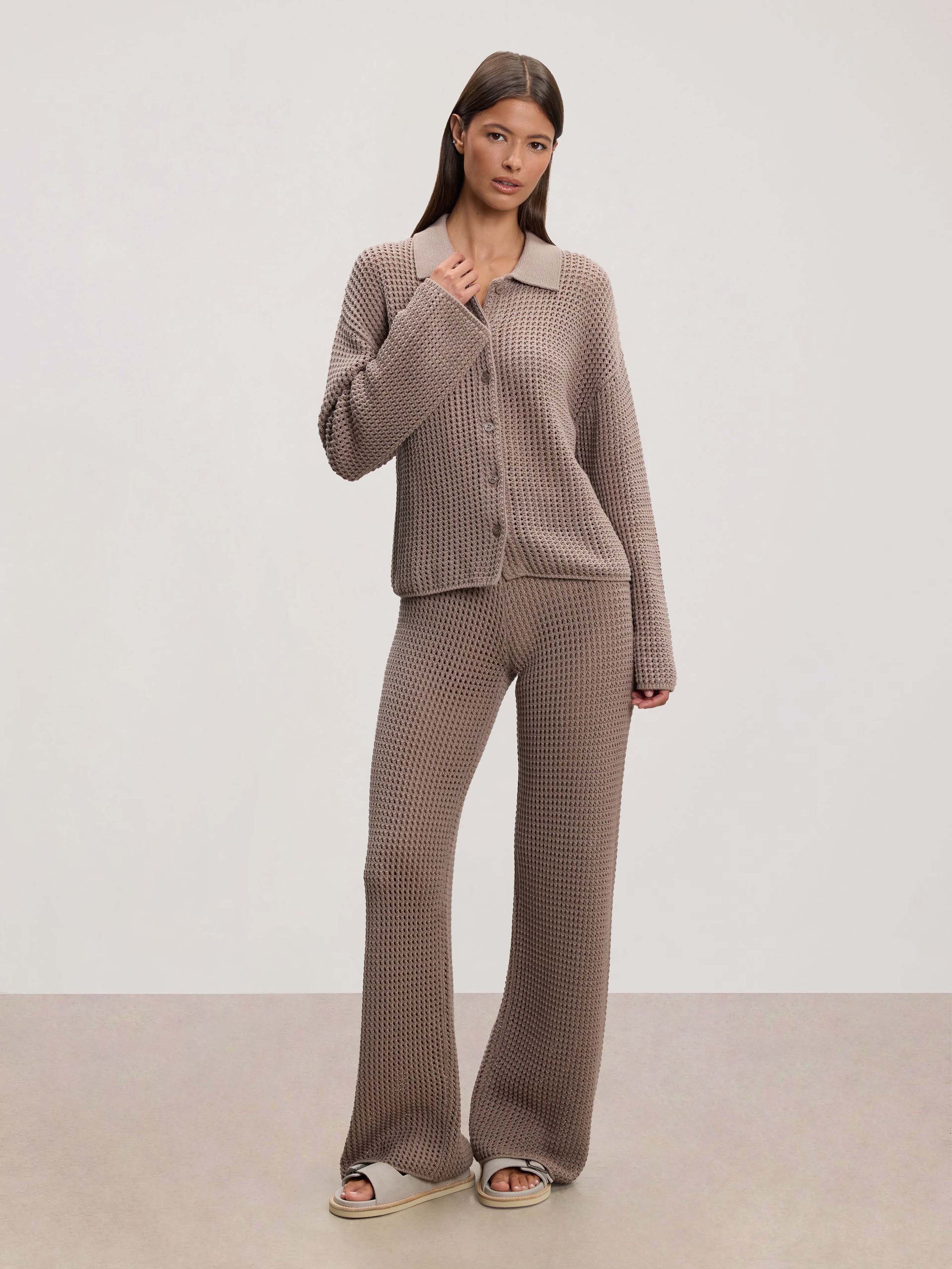 Womens Crochet Shirt in Taupe