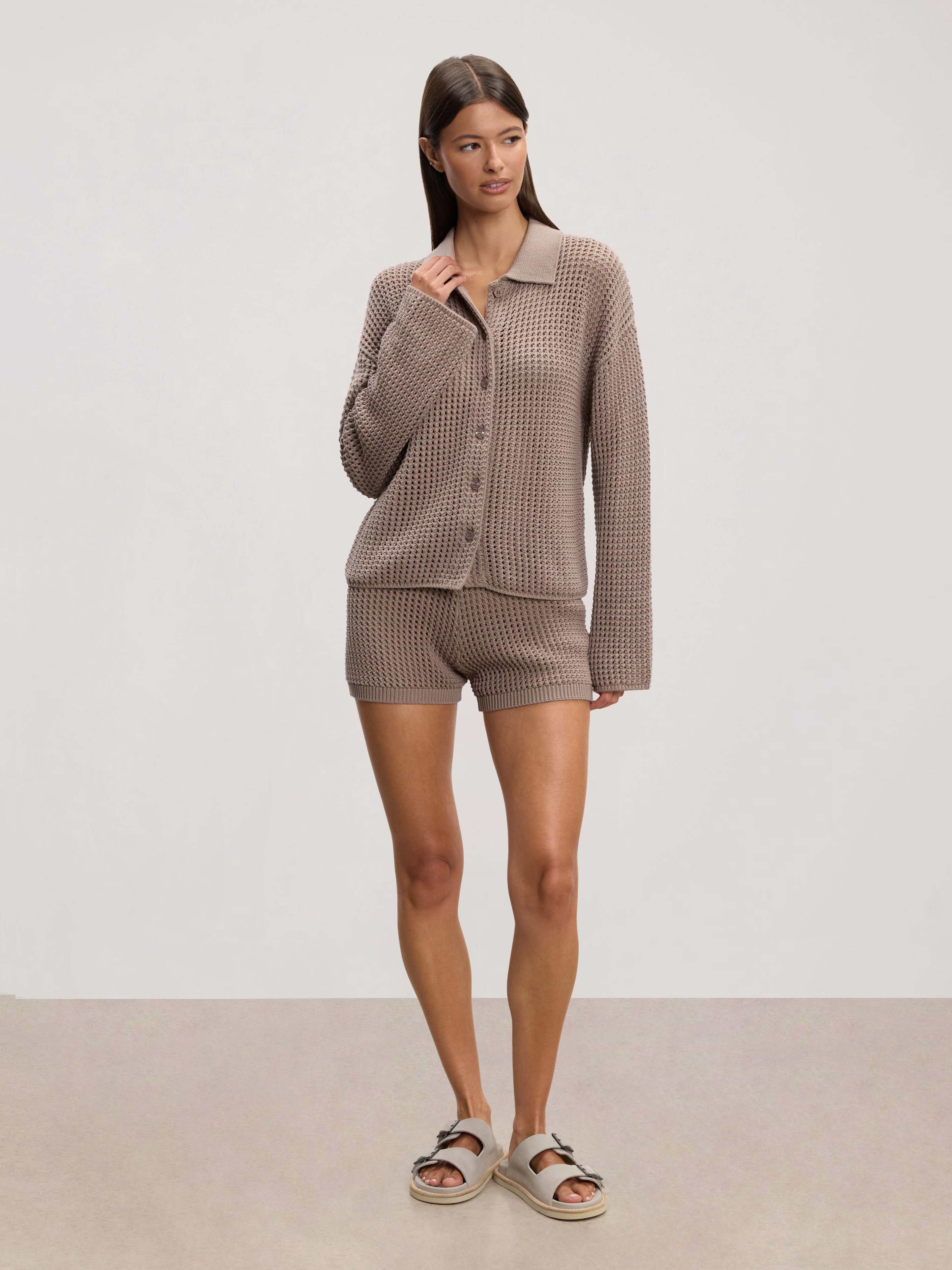 Womens Crochet Shirt in Taupe