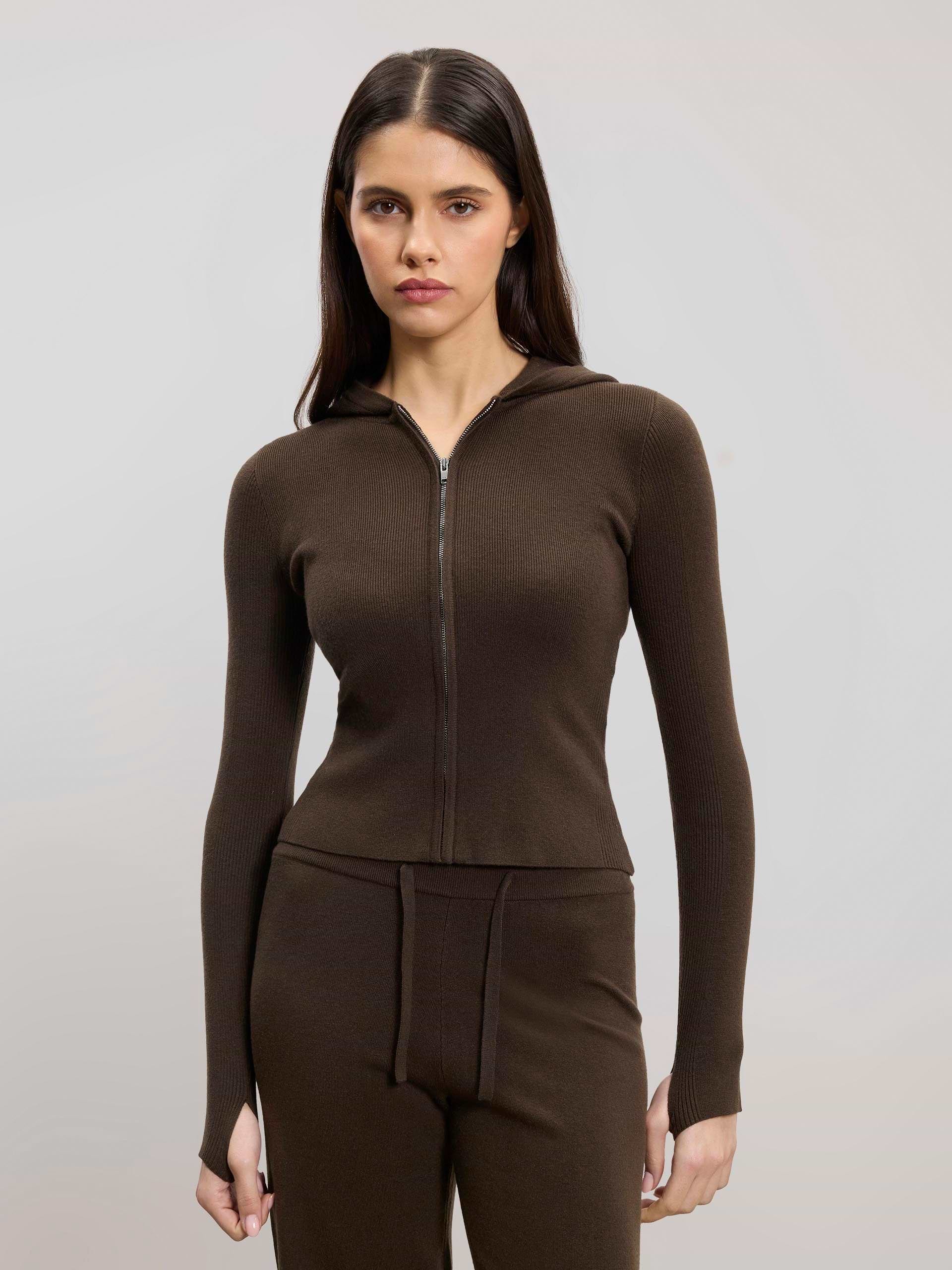 Womens Light Knit Hoodie in Brown