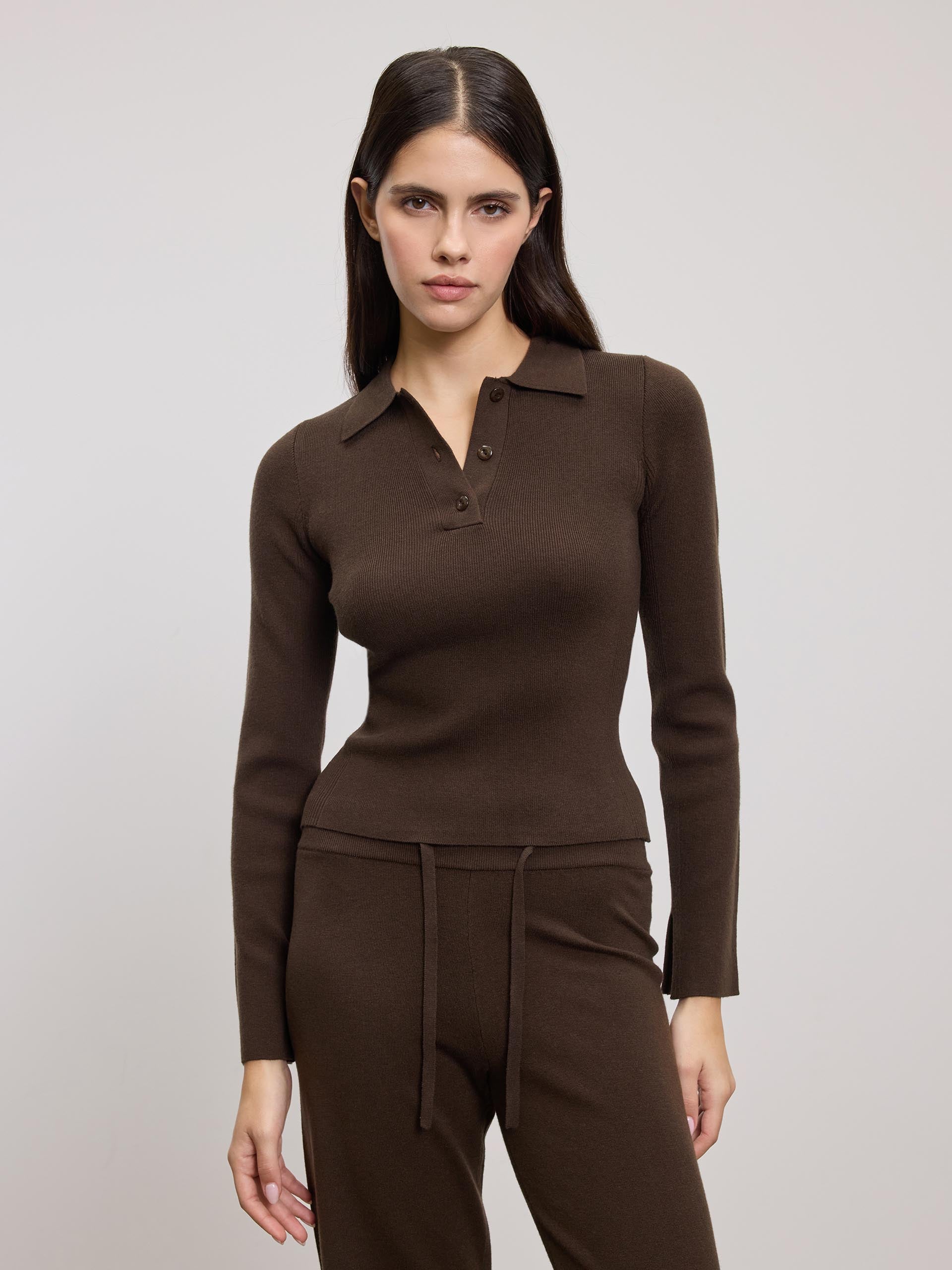 Womens Light Knit Polo Shirt in Brown