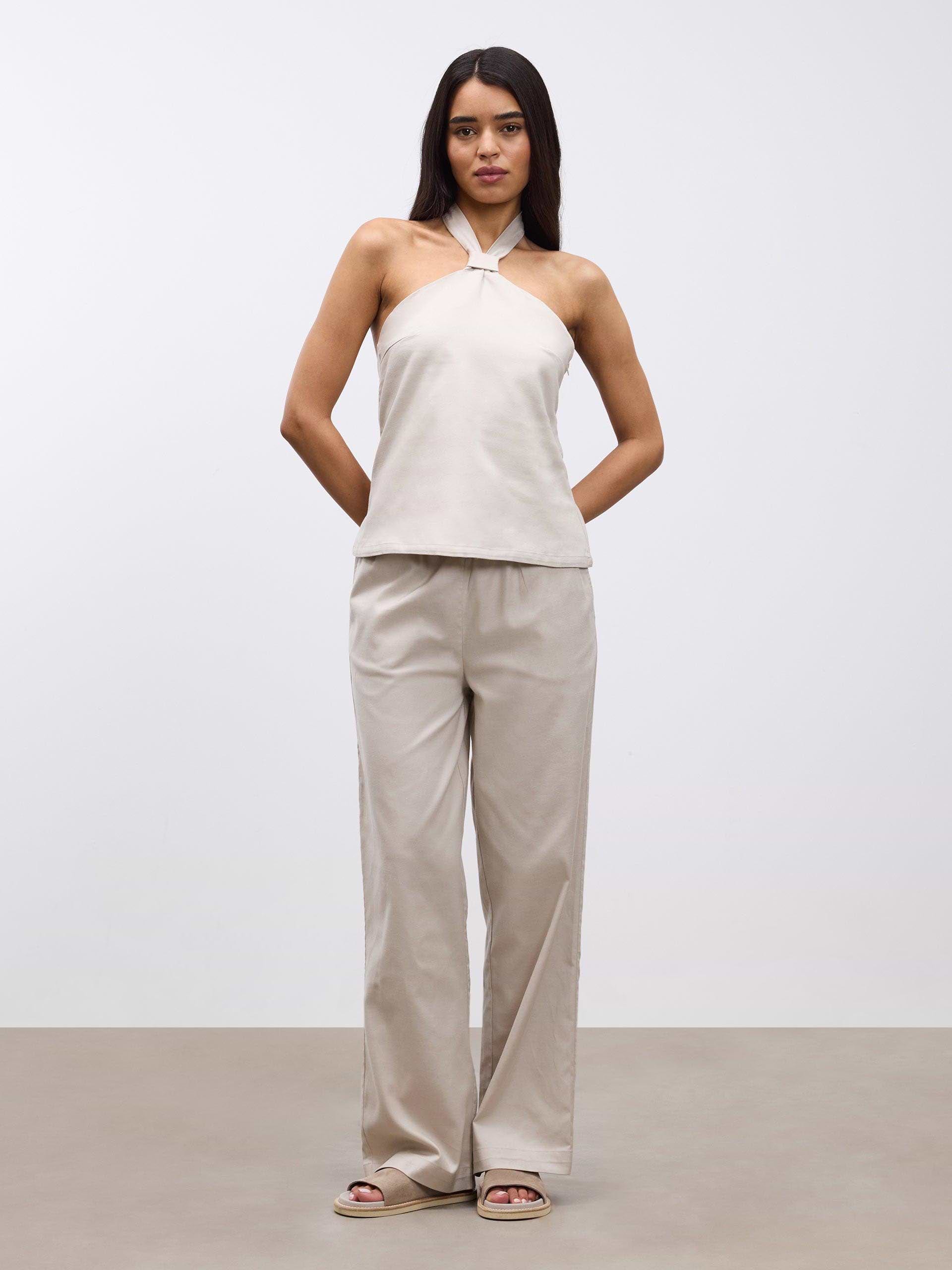 Womens Linen Halter Top in Stone