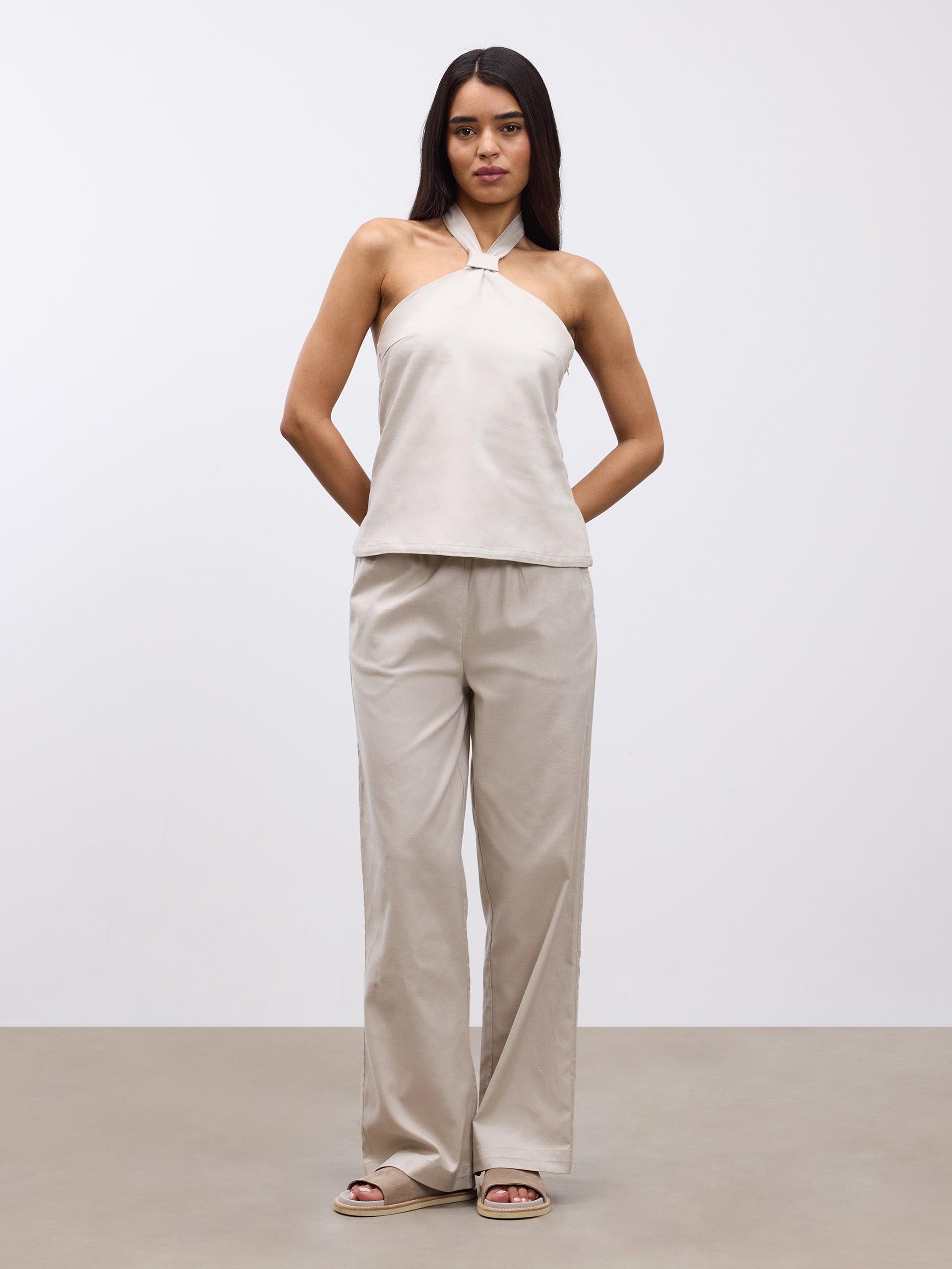Womens Linen Halter Top in Stone