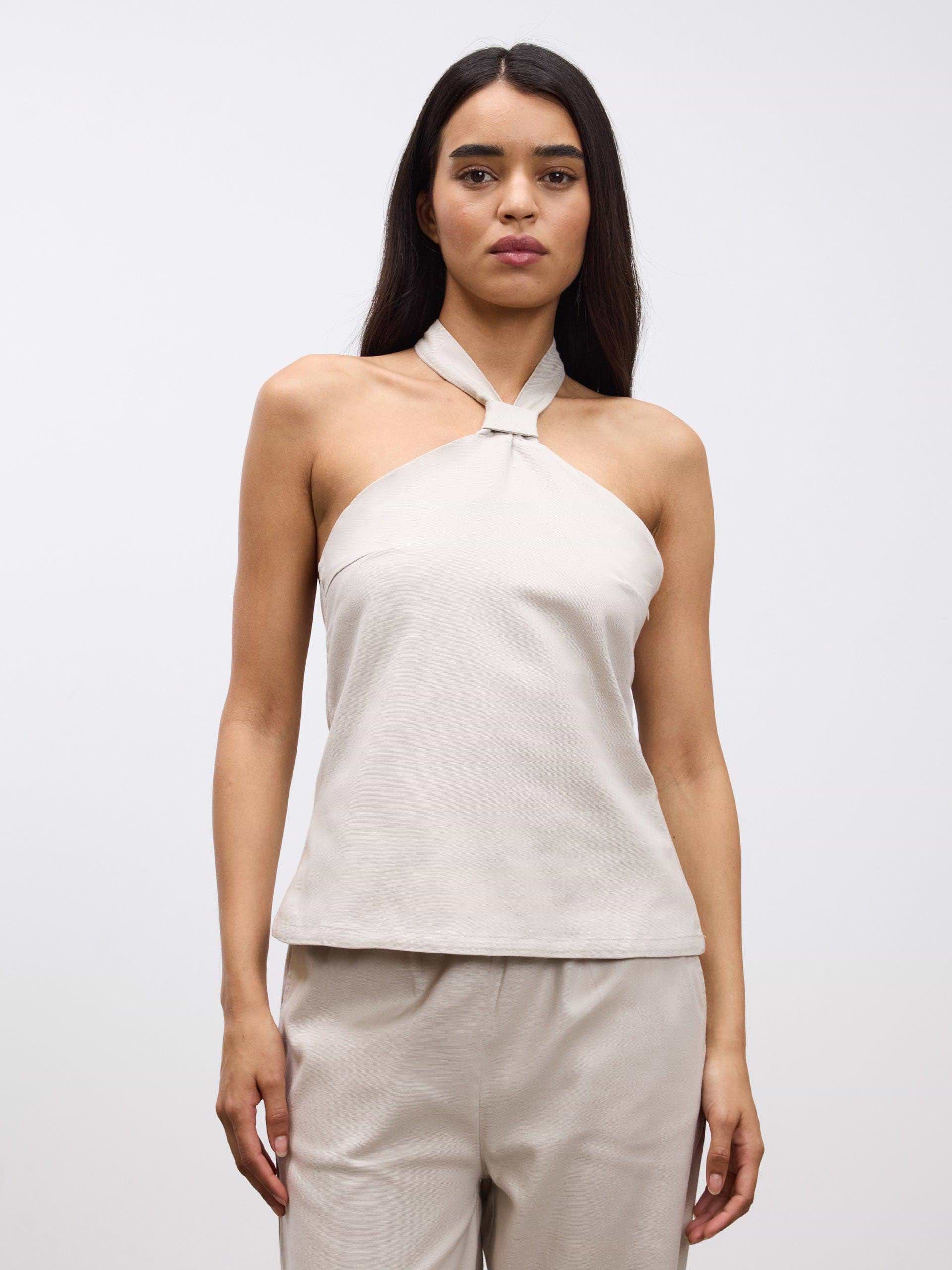 Womens Linen Halter Top in Stone