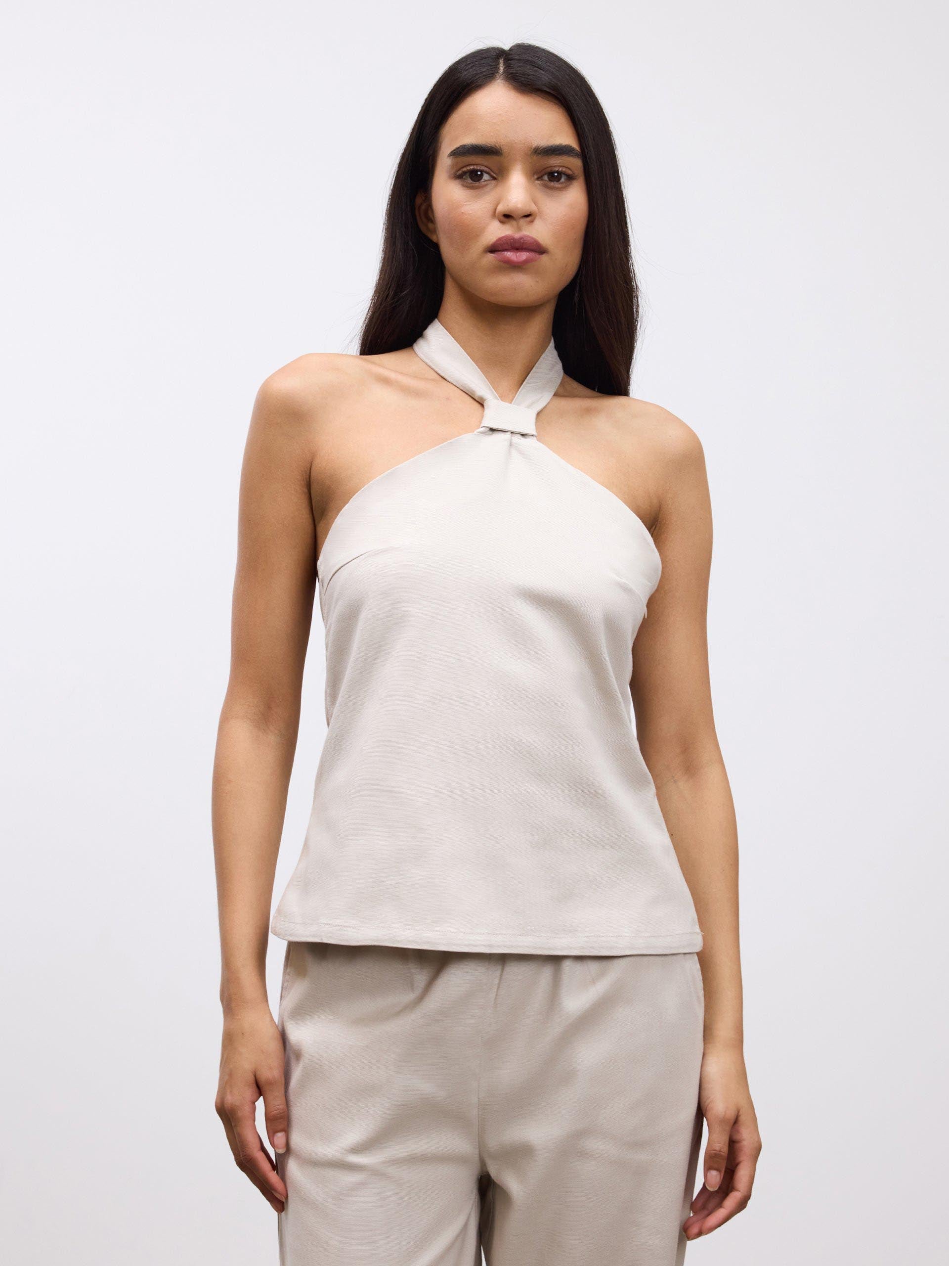 Womens Linen Halter Top in Stone