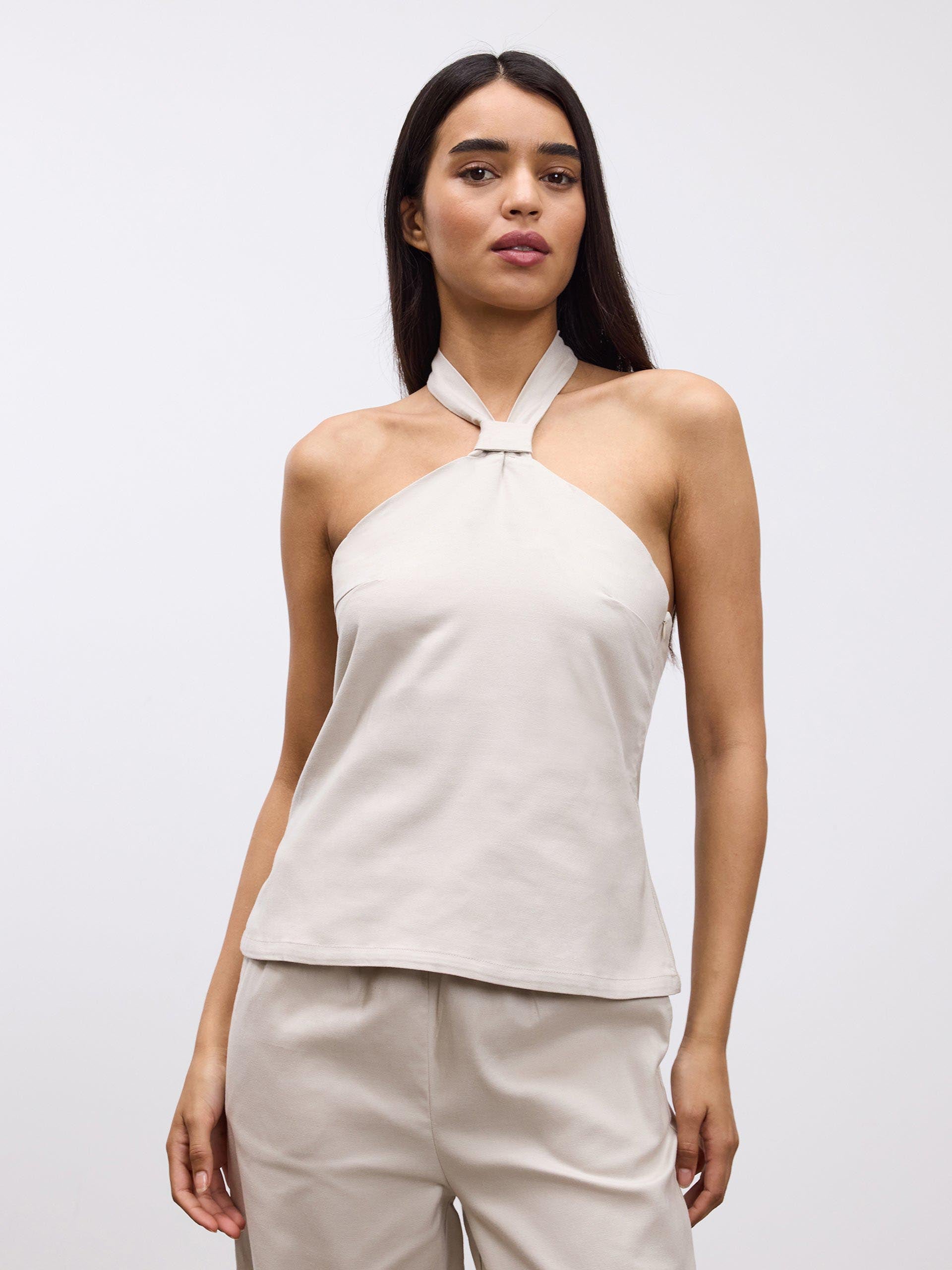 Womens Linen Halter Top in Stone