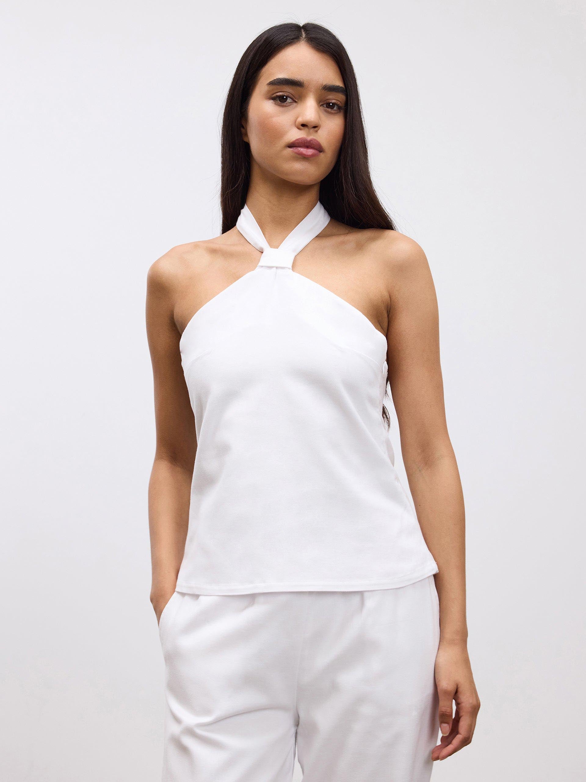 Womens Linen Halter Top in White
