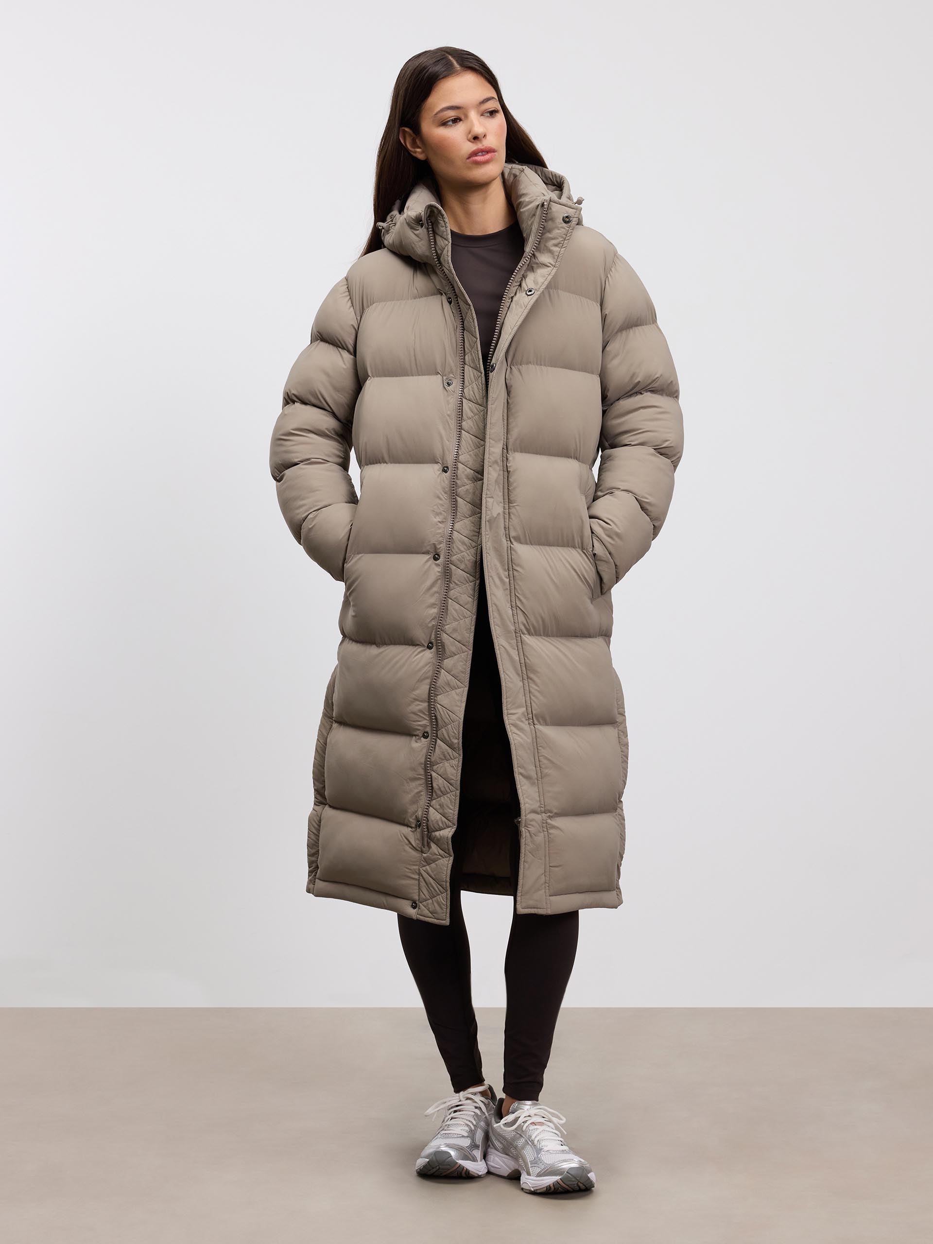 Womens Mid Length Puffer Jacket in Stone