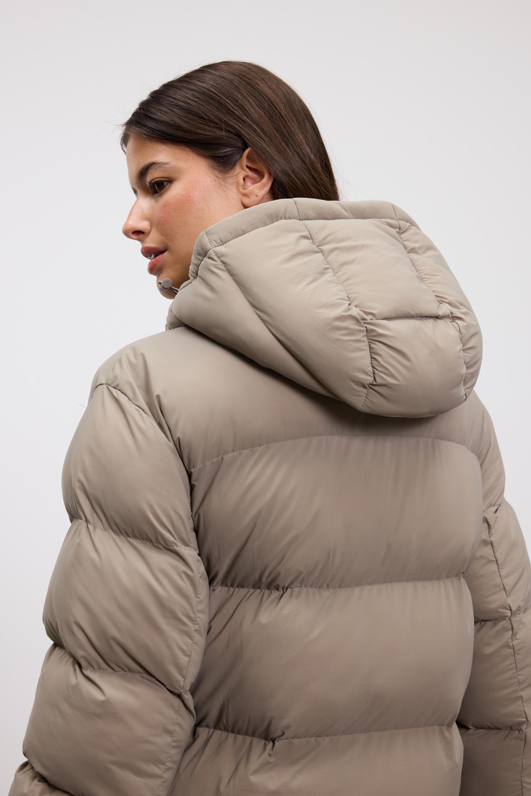 Womens Mid Length Puffer Jacket in Stone