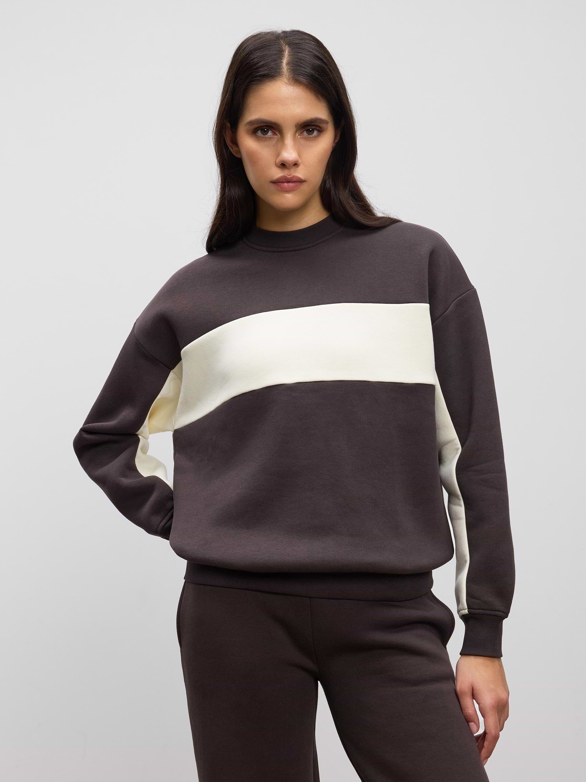 Womens Neoprene Colour Block Sweatshirt in Brown Ecru