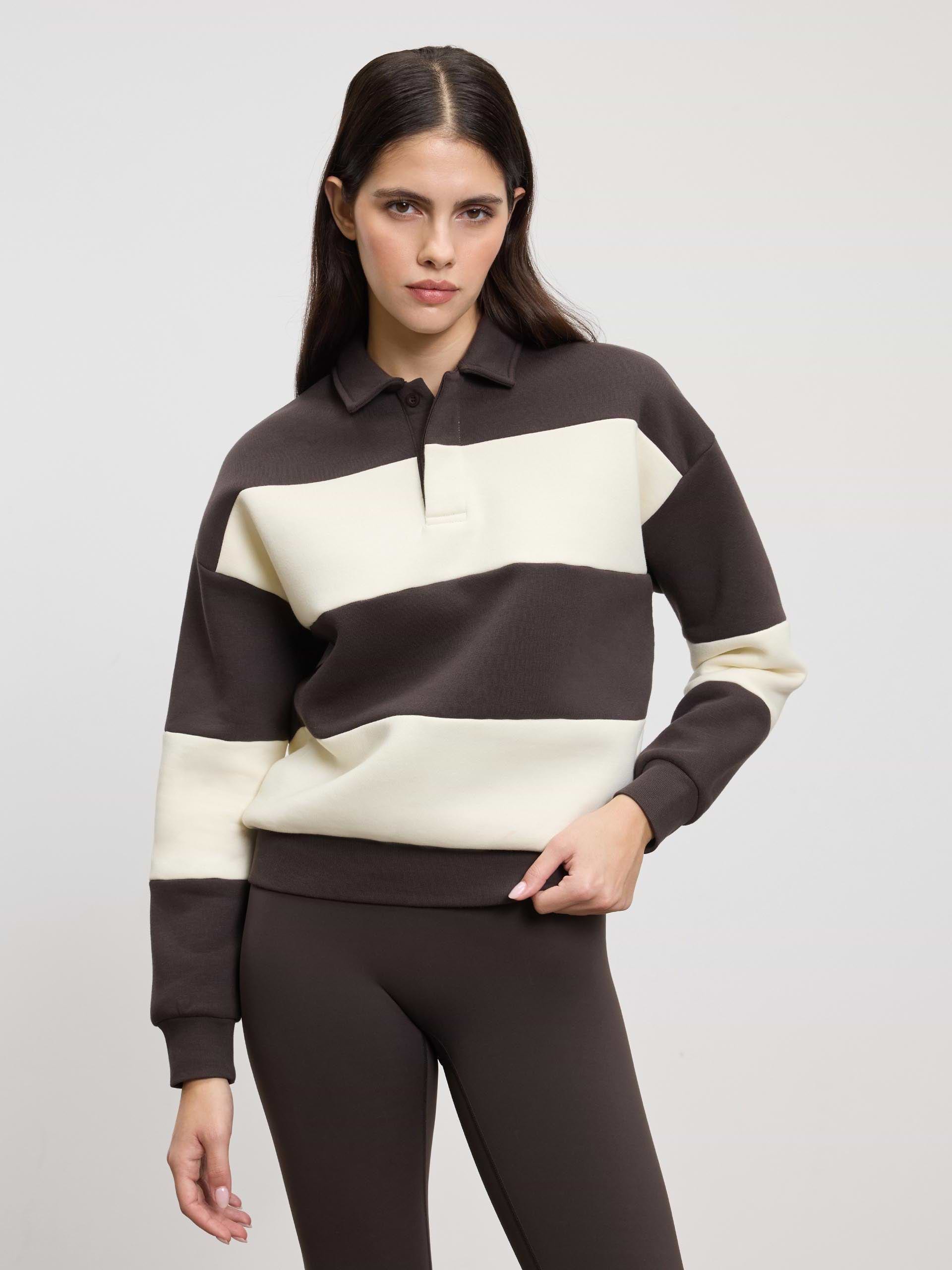 Womens Neoprene Relaxed Rugby Polo Shirt in Brown Ecru