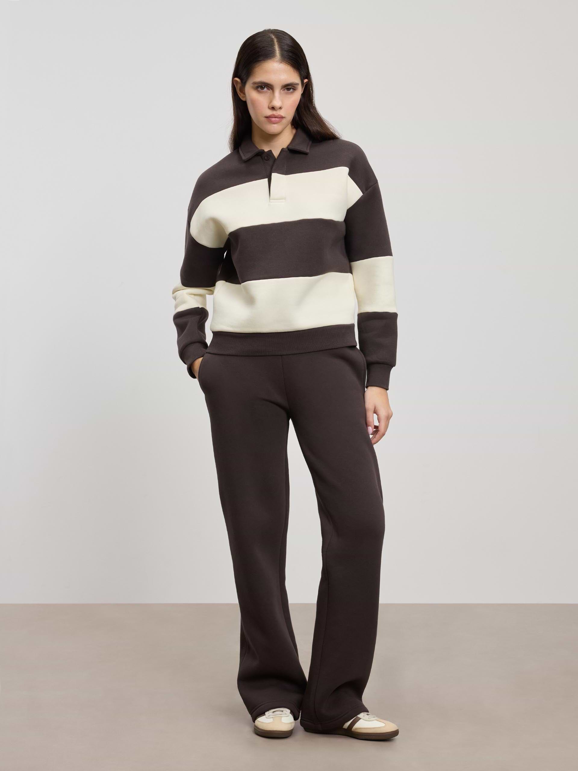 Womens Neoprene Relaxed Rugby Polo Shirt in Brown Ecru