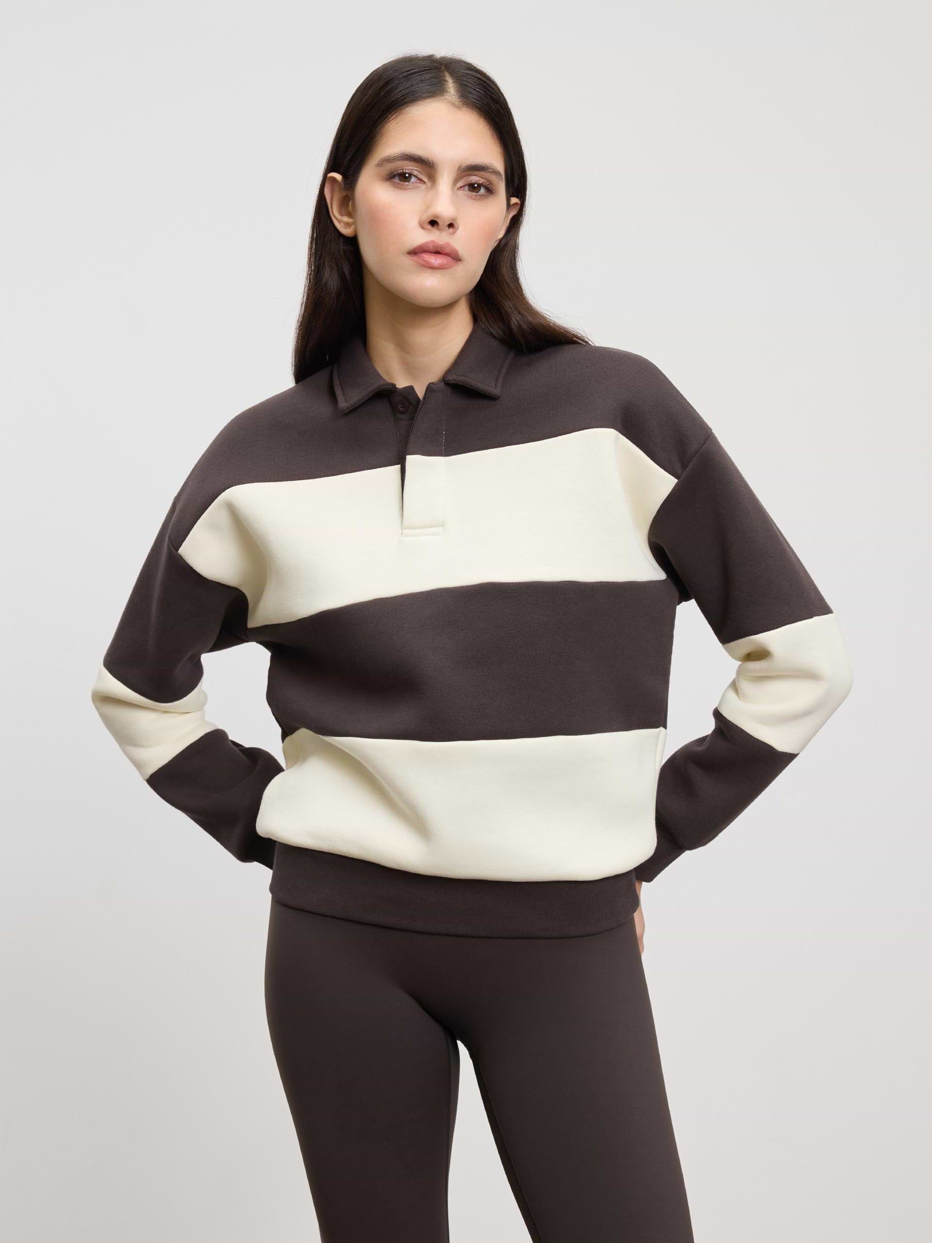 Womens Neoprene Relaxed Rugby Polo Shirt in Brown Ecru