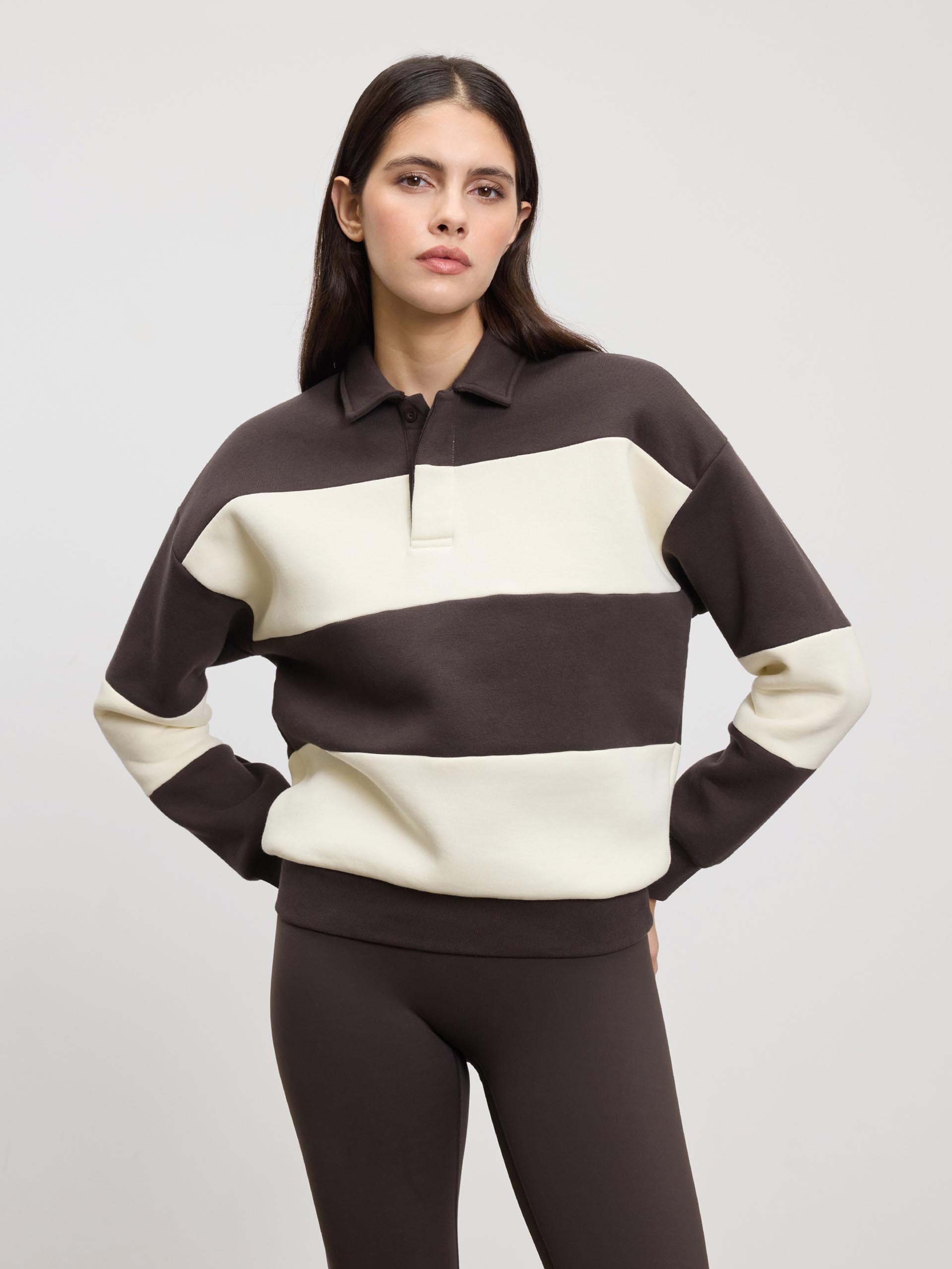 Womens Neoprene Relaxed Rugby Polo Shirt in Brown Ecru