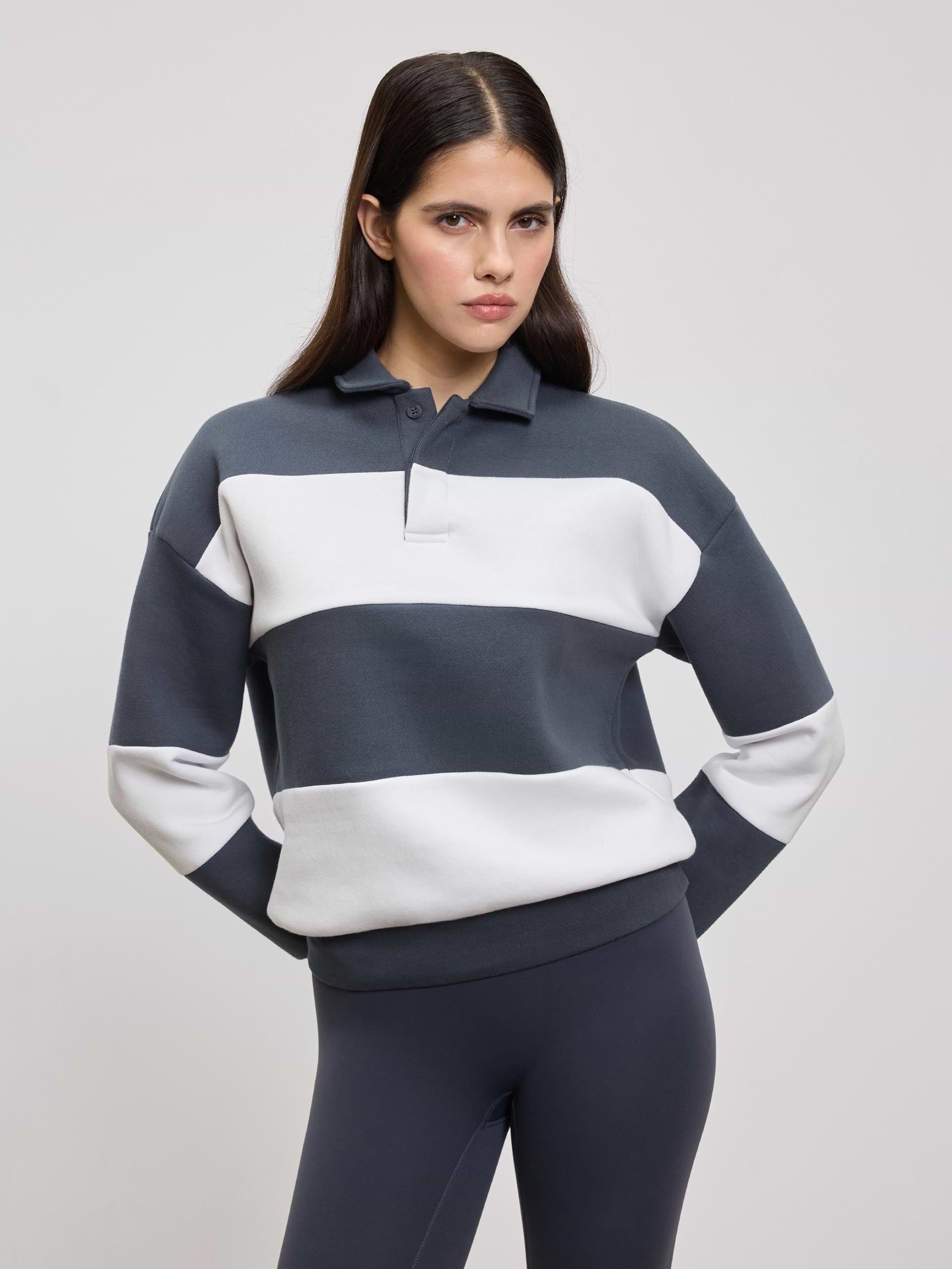 Womens Neoprene Relaxed Rugby Polo Shirt in Slate Blue White