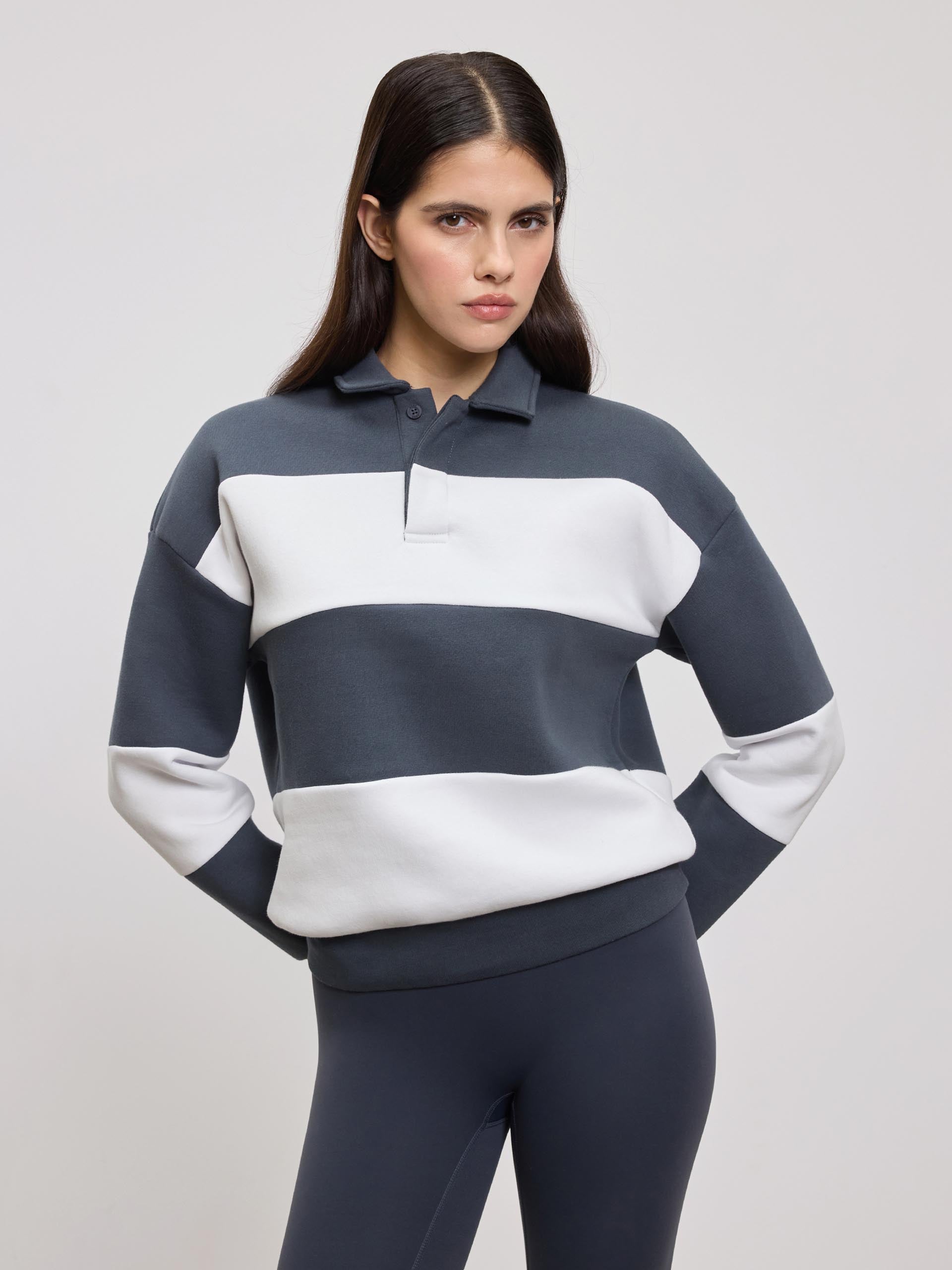 Womens Neoprene Relaxed Rugby Polo Shirt in Slate Blue White